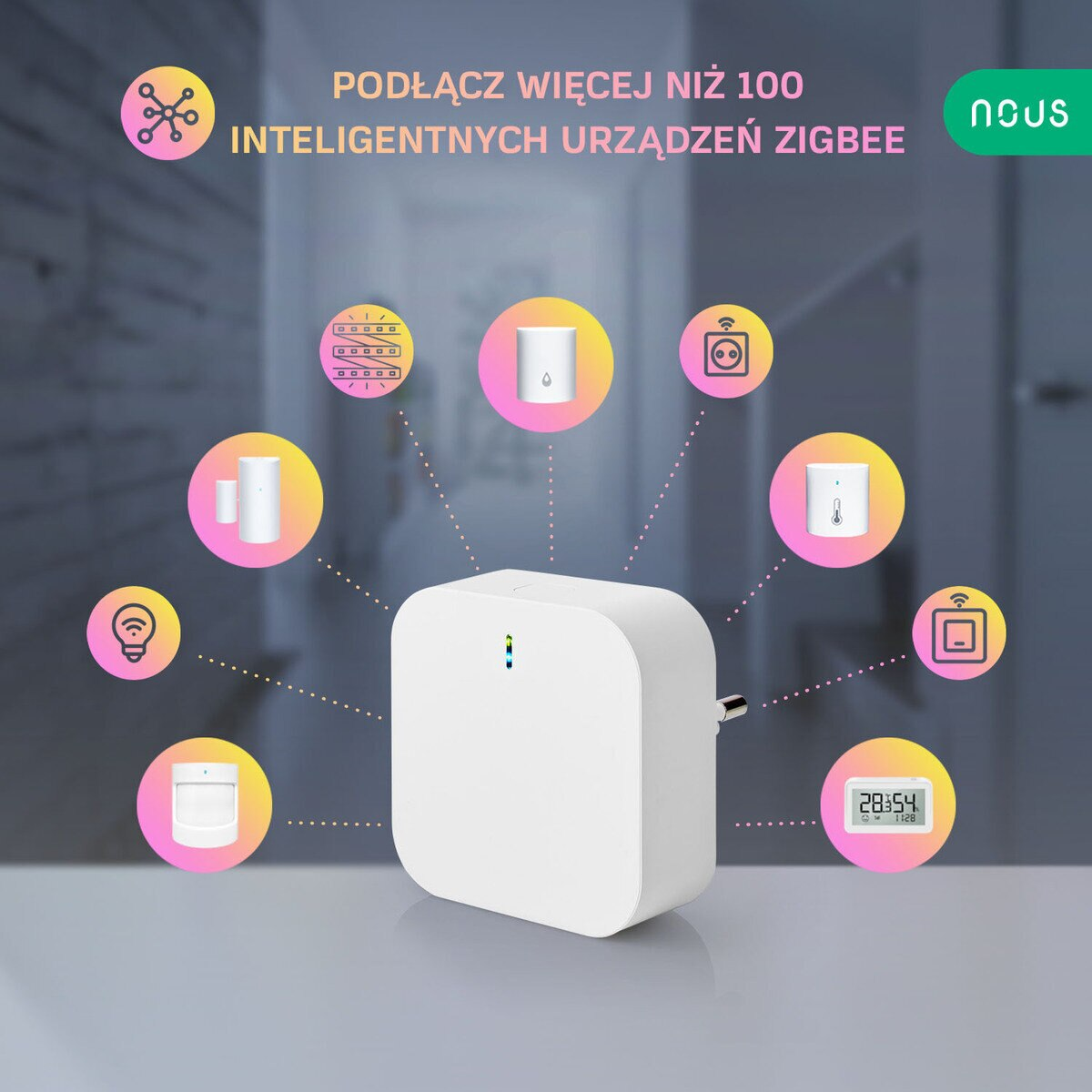 Biały hub inteligentnego domu z różnymi ikonami, otoczony polskim tekstem: 'Podłącz więcej niż 100 inteligentnych urządzeń zigbee'.