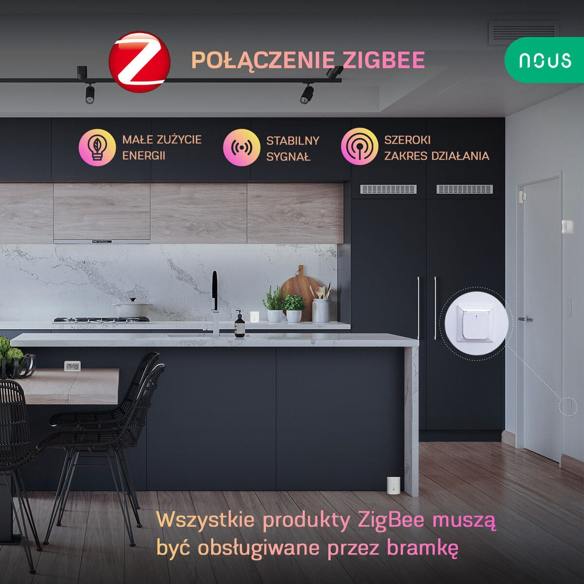 Wnętrze z nowoczesną kuchnią i urządzeniem smart home. Tekst w języku polskim: Połączenie ZigBee.