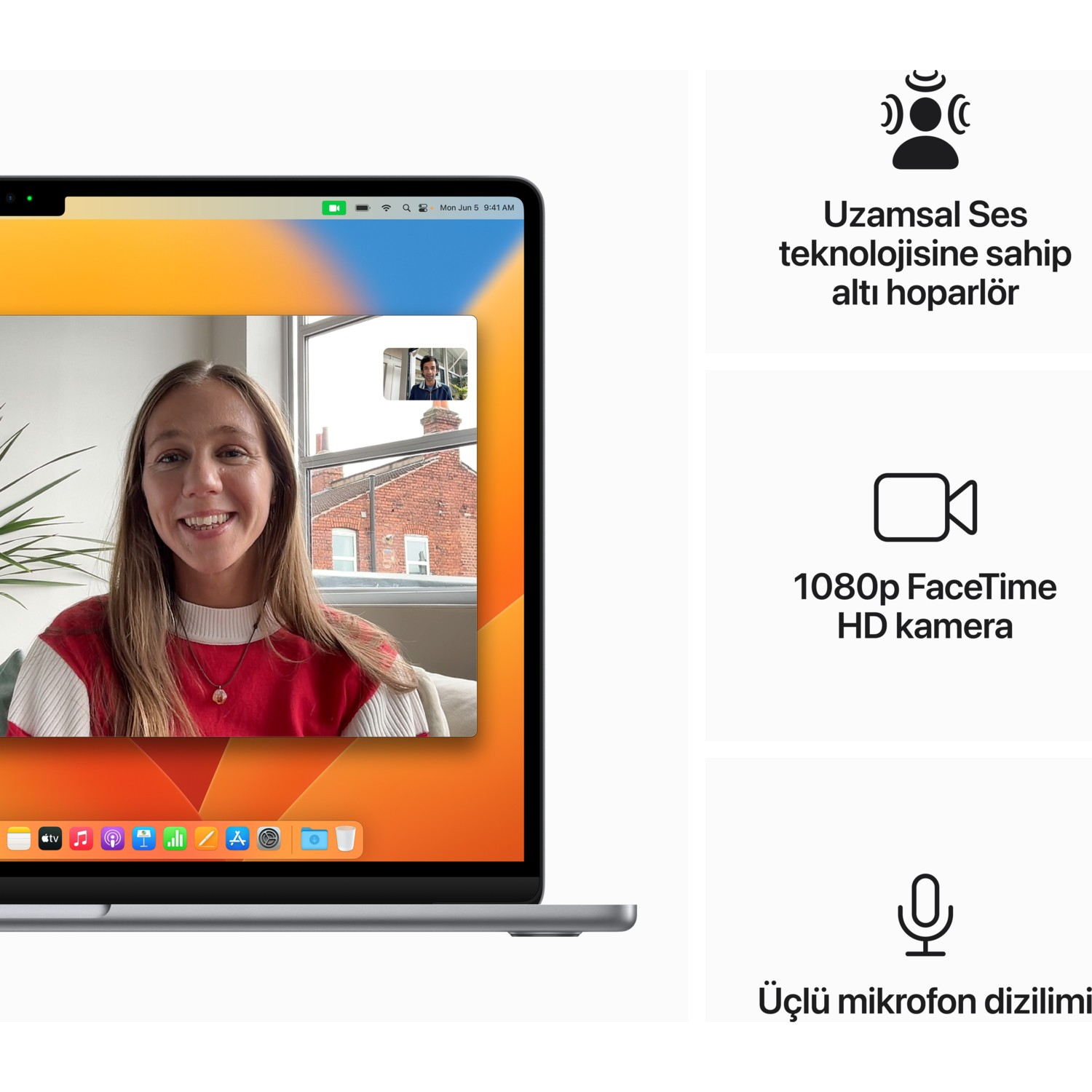 Bir video görüşmesi gösteren bir dizüstü bilgisayar. Özellikler arasında uzamsal ses, 1080p kamera ve mikrofon dizisi bulunur.