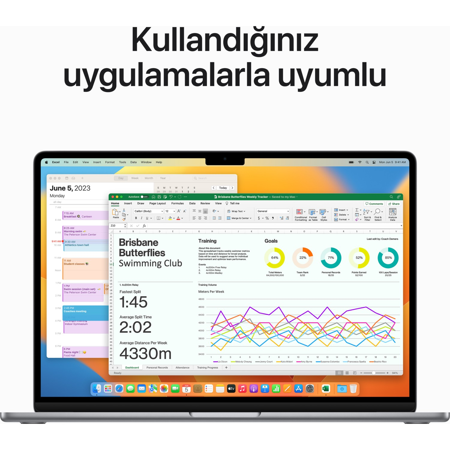 Brisbane Yüzme Kulübü'nden grafik ve çizelgeler içeren bir elektronik tablo gösteren dizüstü bilgisayar ekranı.