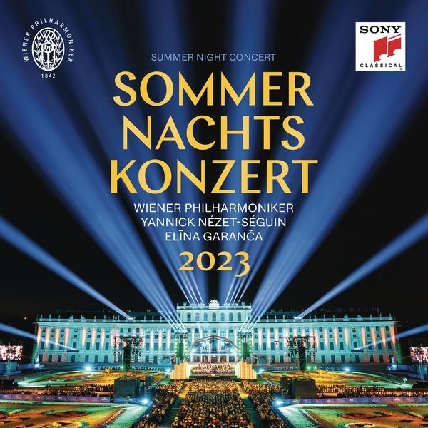 Albumcover für 'Sommernachtskonzert 2023'. Zeigt eine Nachtansicht eines Gebäudes und ein Konzert.