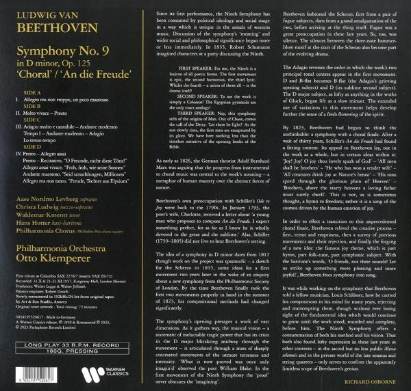 Beethovens Symphonie Nr. 9 Albumcover. Schwarz-Weiß-Bild mit Text.