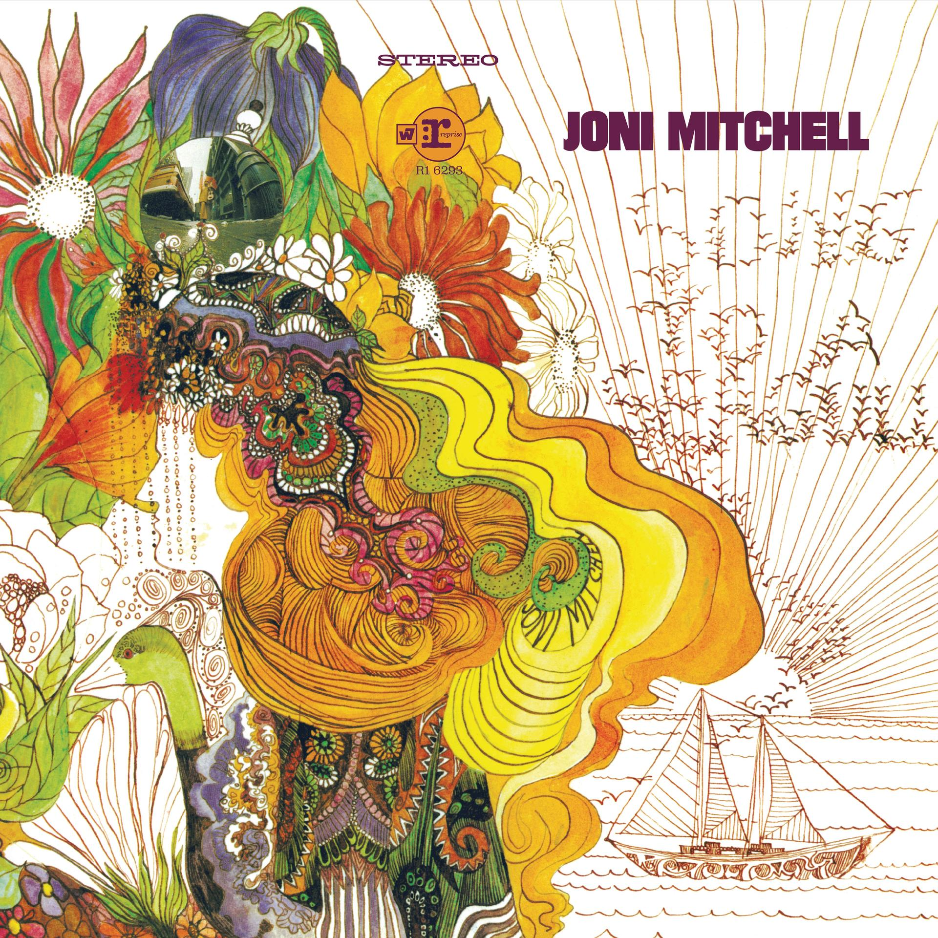 Joni Mitchell Albumcover, farbenfrohe abstrakte Kunst mit Text und Boot.