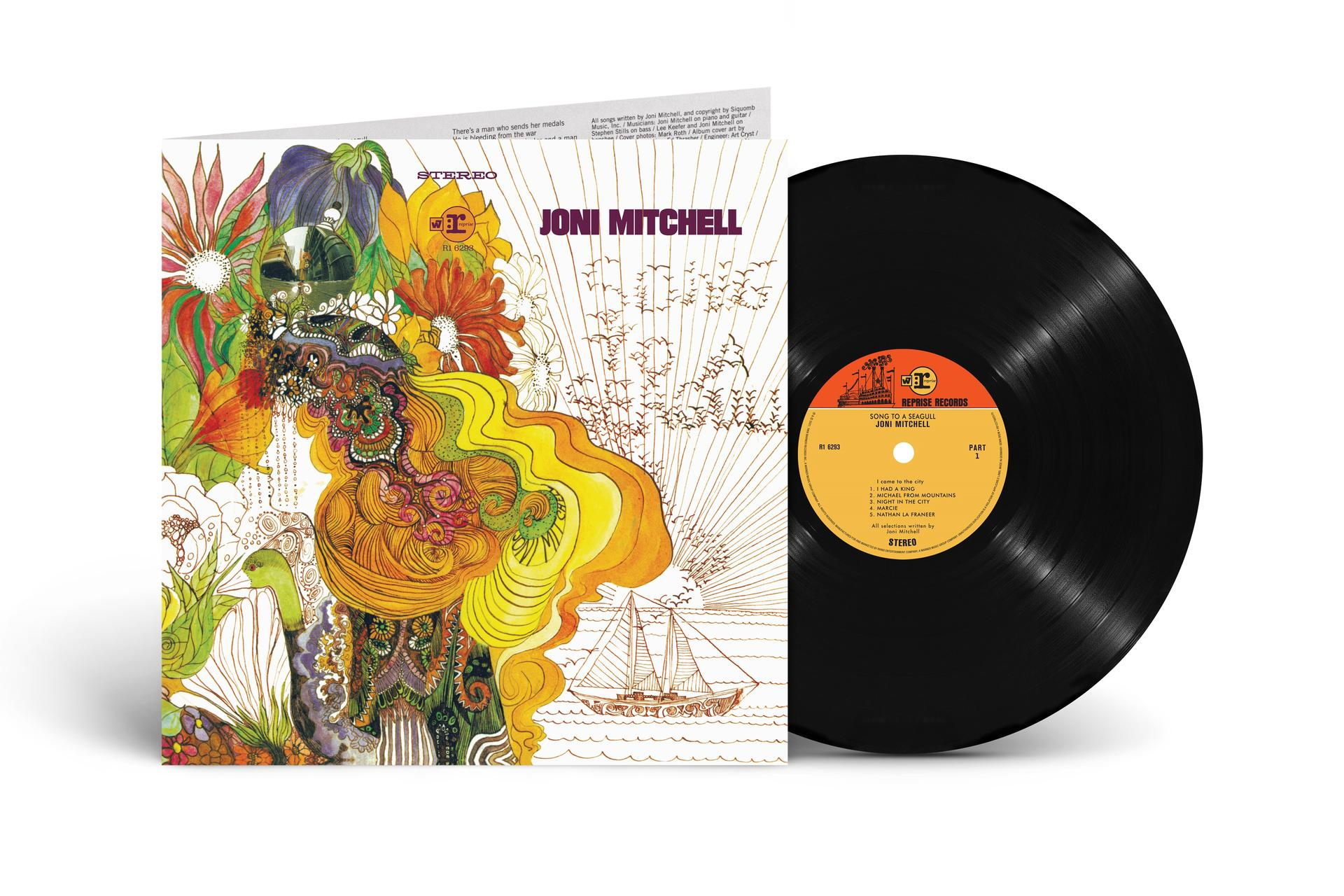 Vinyl-Schallplattencover mit Blumenkunst und schwarzer Schallplatte. Text sagt "Joni Mitchell". Der Hintergrund ist weiß.