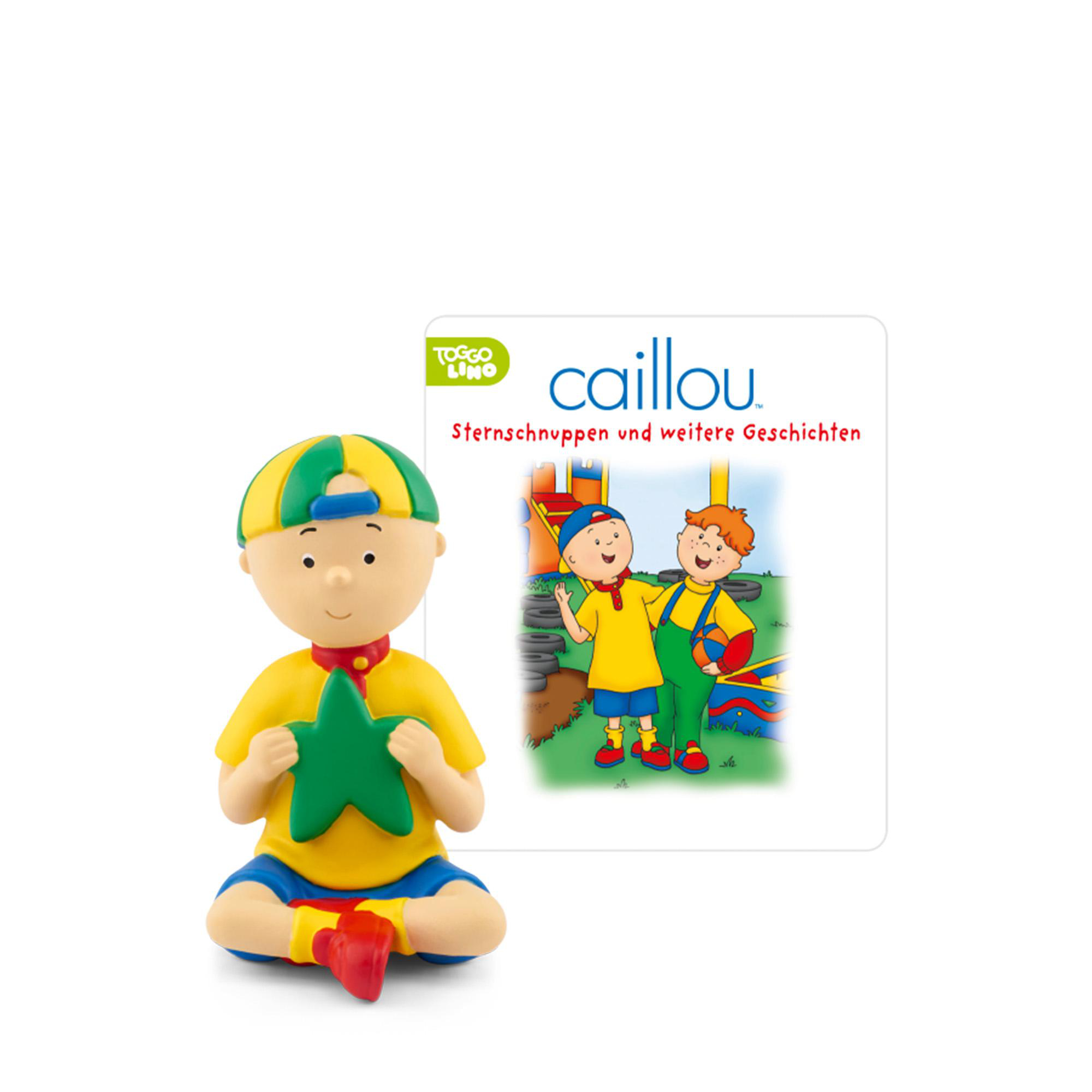 Caillou-Figur mit grünem Stern. Buch zeigt Cartoon Caillou und Freund.