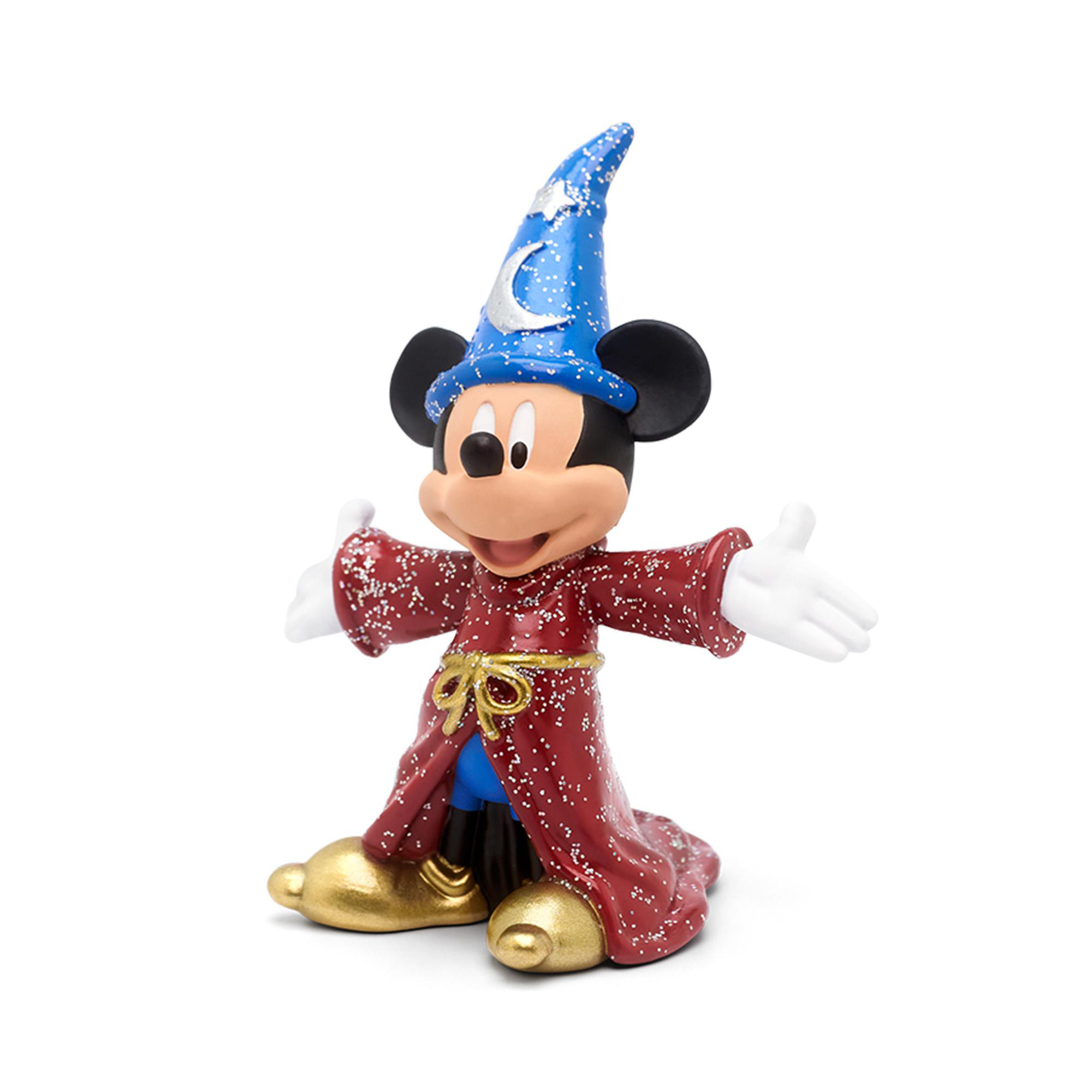 Mickey Mouse als Zauberer, rotes Gewand, blauer Hut, goldene Schuhe, Arme offen, weißer Hintergrund.