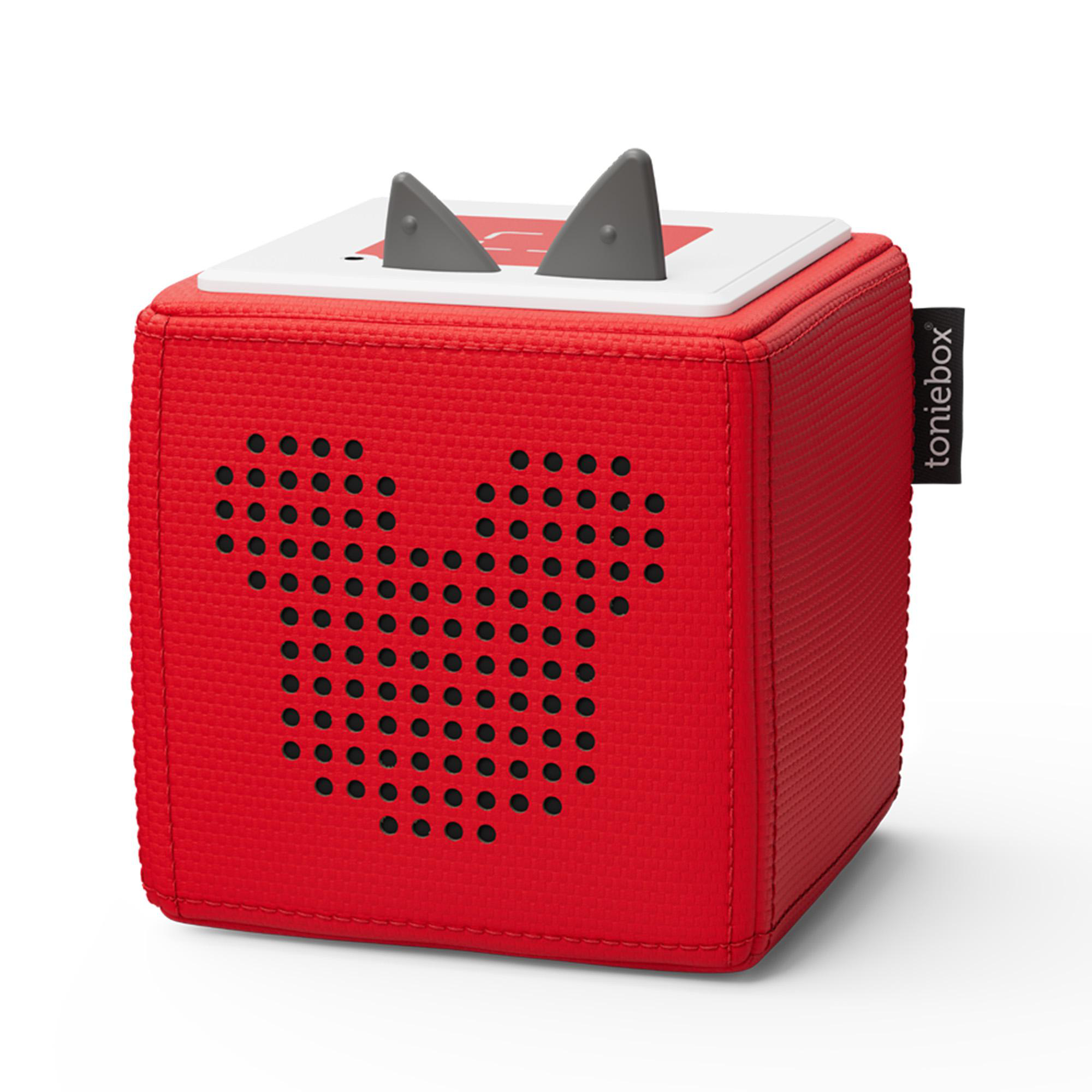 Rotes quadratisches Spielzeug mit Mickey Mouse-Design und grauen Ohren.