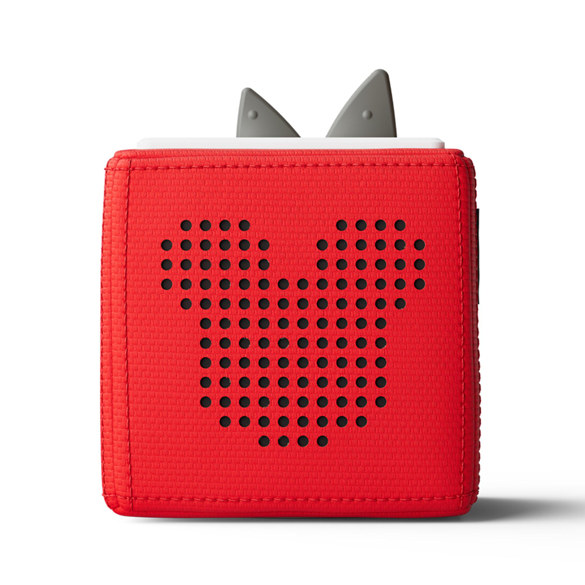 Eine rote Toniebox mit Mickey Mouse Design, mit schwarzen Punkten, die einen Mickey Mouse Kopf bilden.