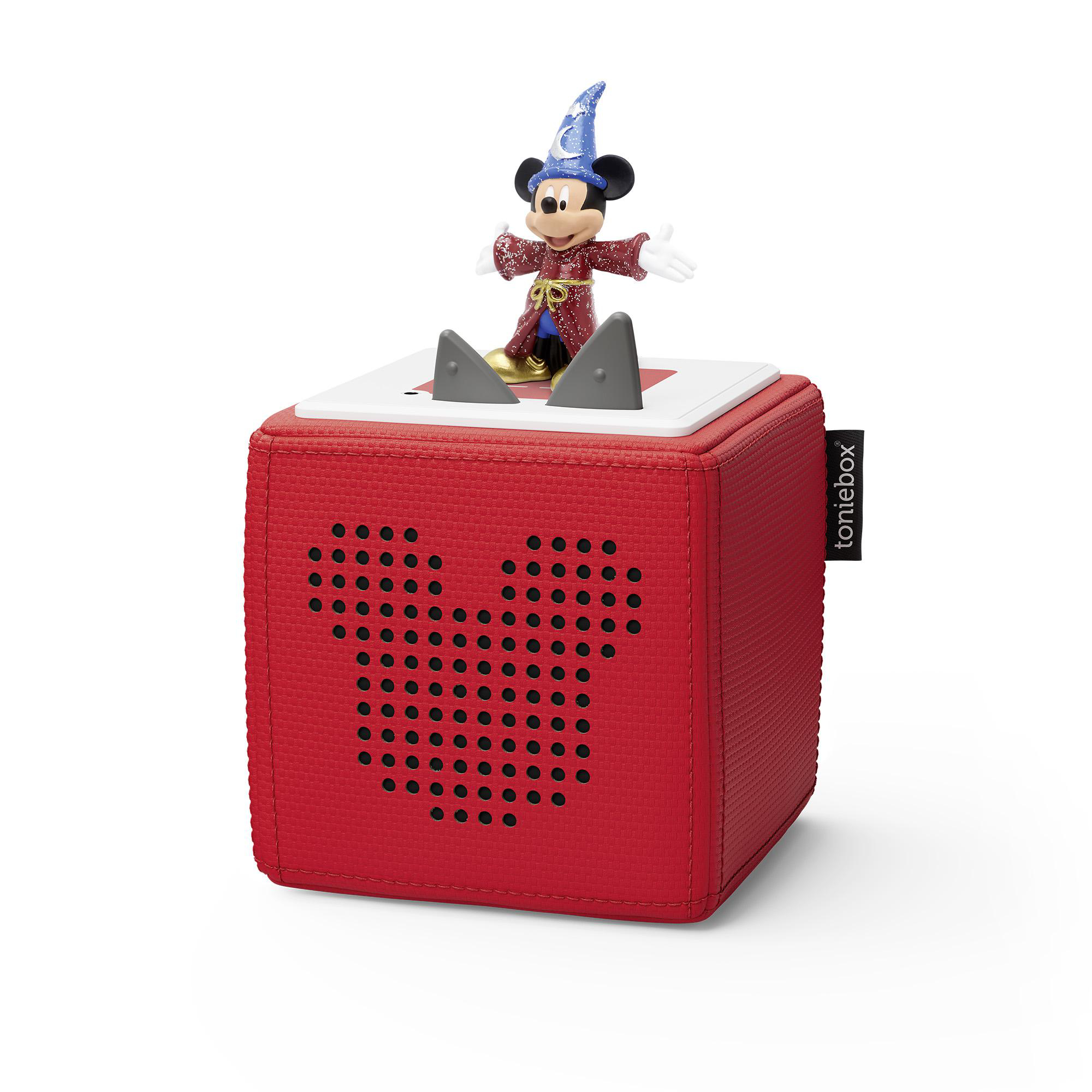 Ein roter Lautsprecher mit Mickey Mouse-Design, gekrönt von einer Mickey Mouse-Figur mit Zaubererhut.