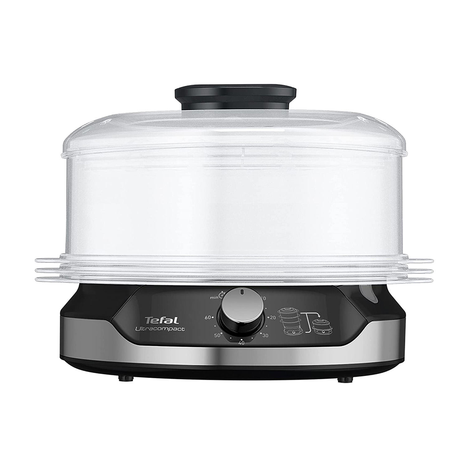 Vaporiera Tefal Ultracompact, cupola trasparente, base nera e argento con timer.
