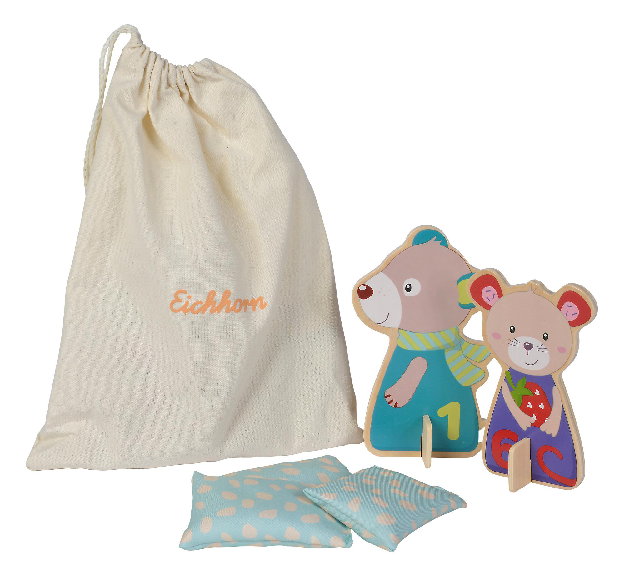 Holzbär- und Mäuse-Spielzeug mit Stoffbeutel und kleinen Kissen.