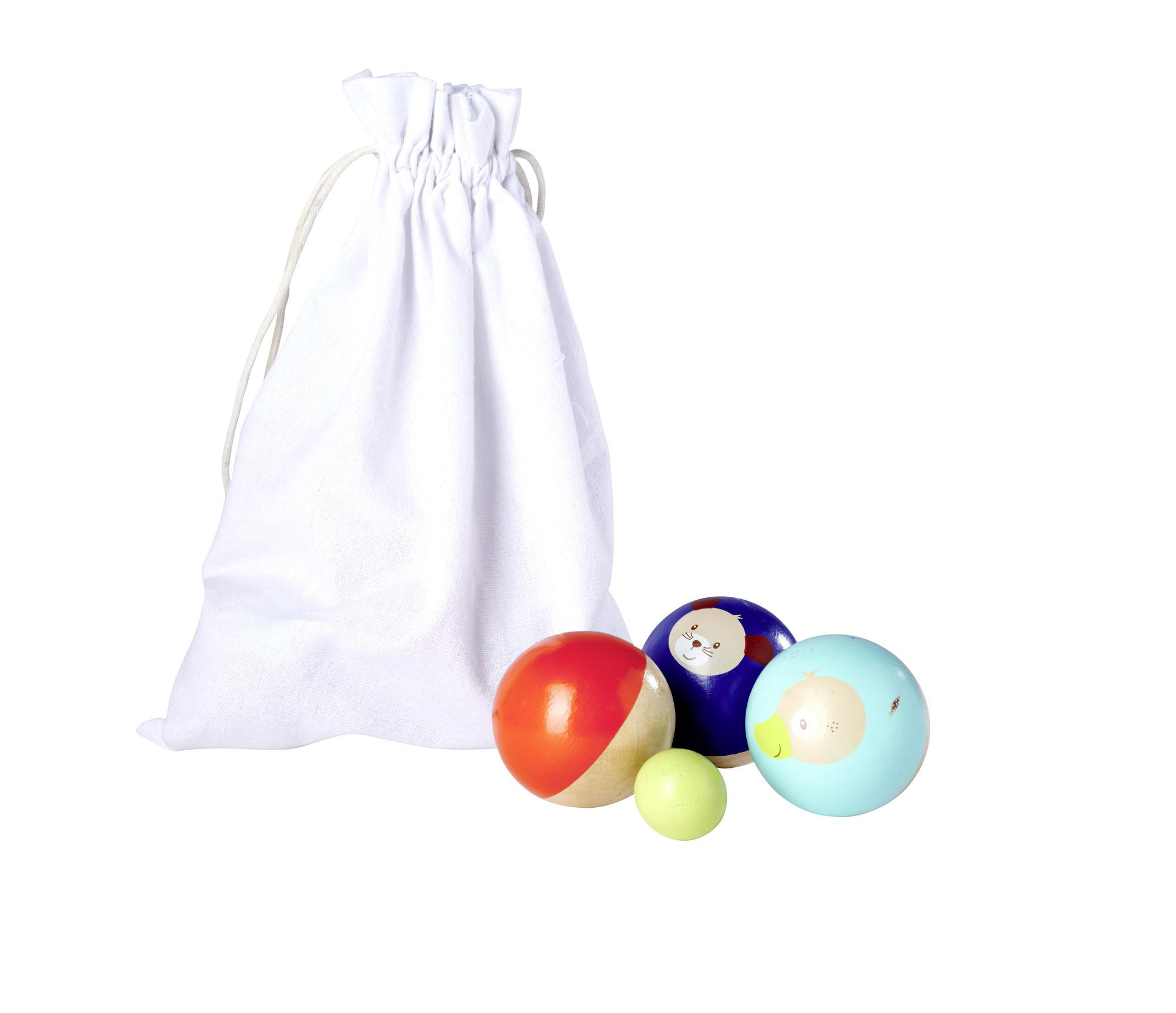 Eine weiße Tasche mit Kordelzug und vier bunten Holzkugeln. Die Kugeln sind blau, rot und grün.