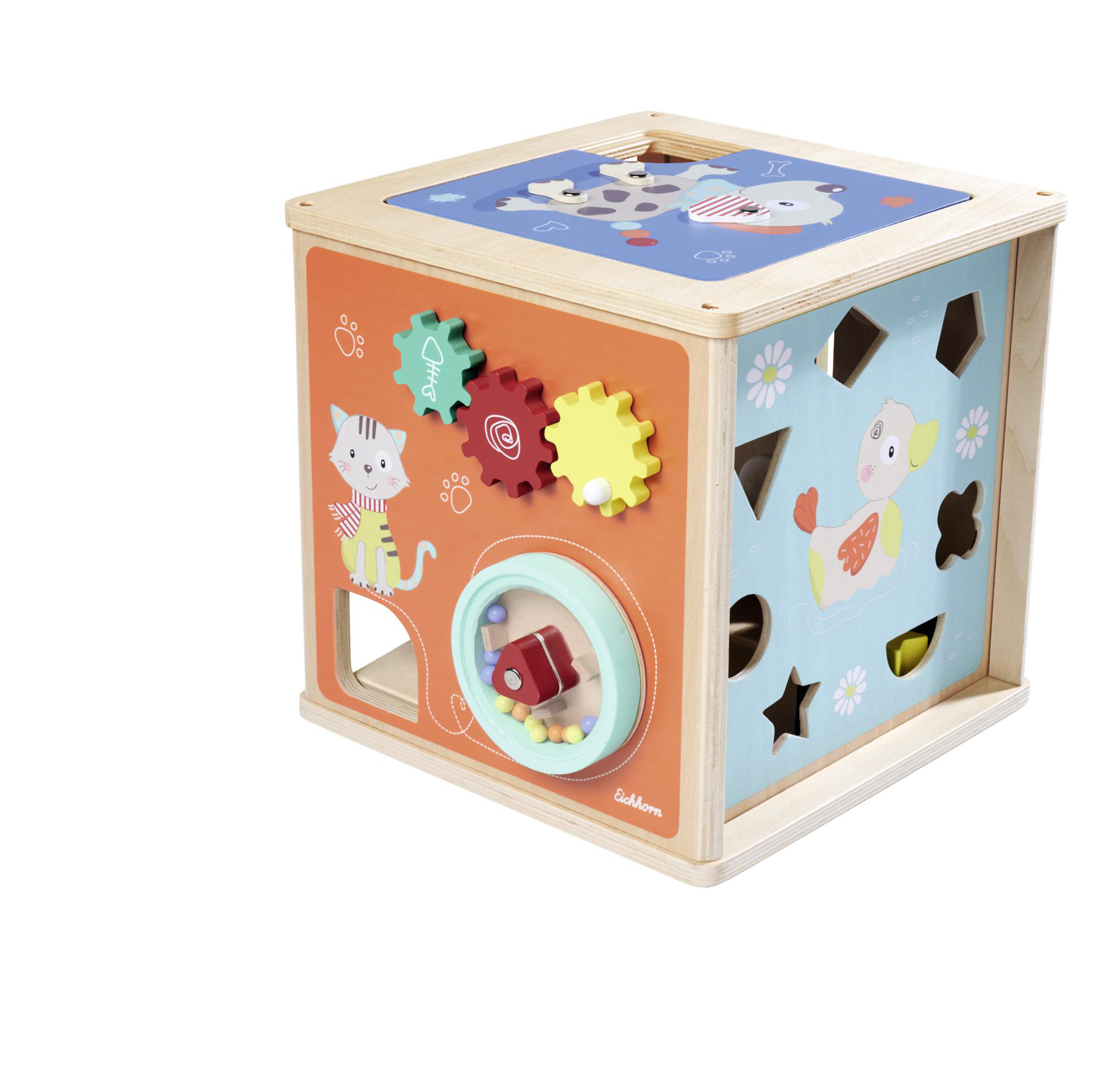 Holzwürfel-Spielzeug mit verschiedenen Formen, Zahnrädern und einer Glocke. Es hat Zeichentrickfiguren an den Seiten. Weißer Hintergrund.
