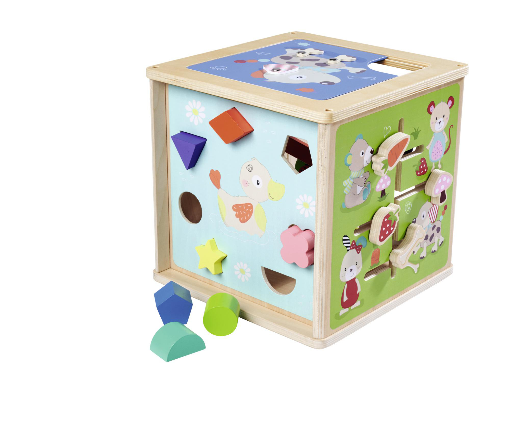 Ein bunter Holzspielwürfel mit Ausschnitten, Formen und Bildern von Tieren und Formen.