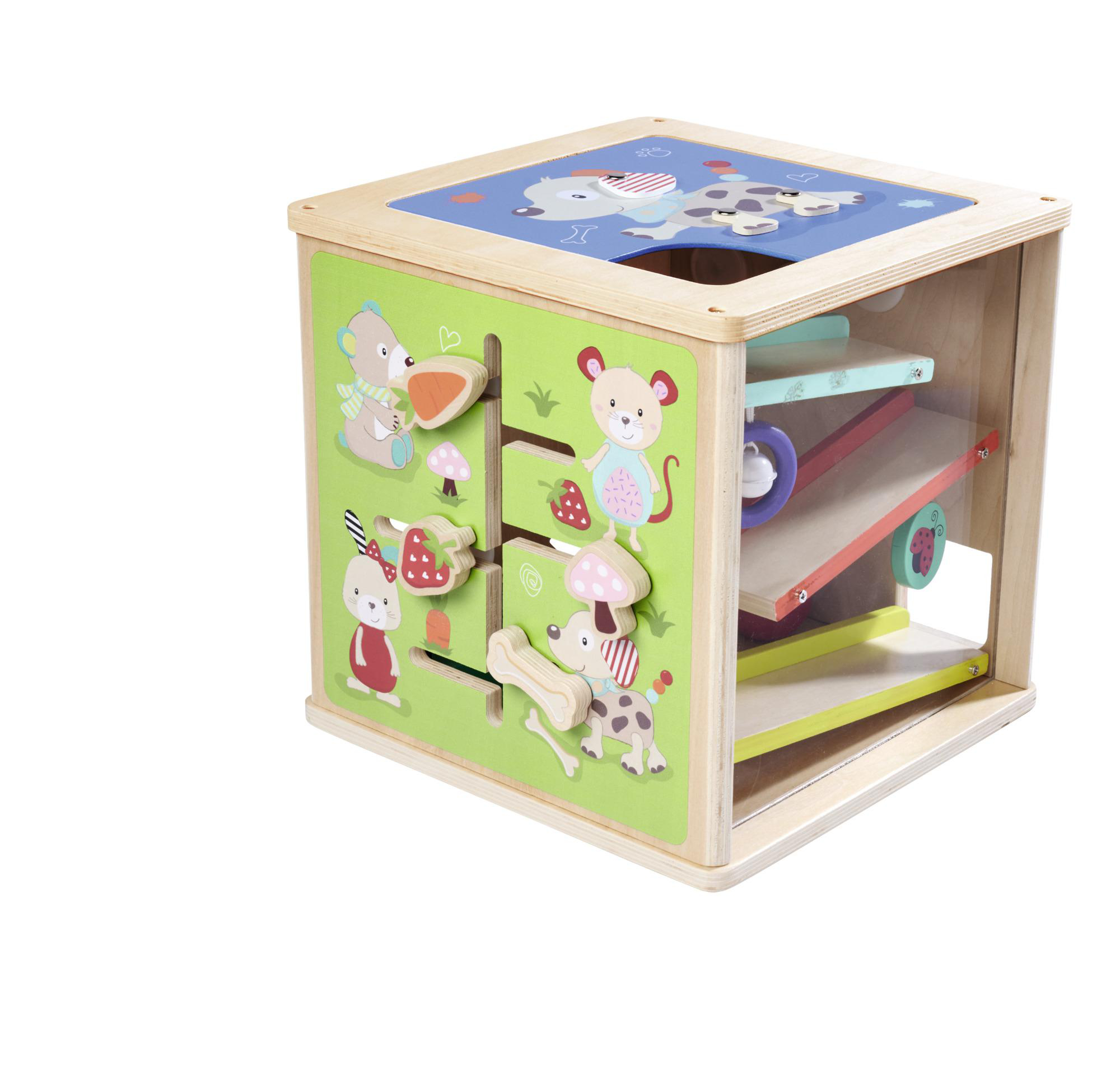 Holz-Aktivitätswürfel mit bunten Illustrationen von Tieren und Formen.
