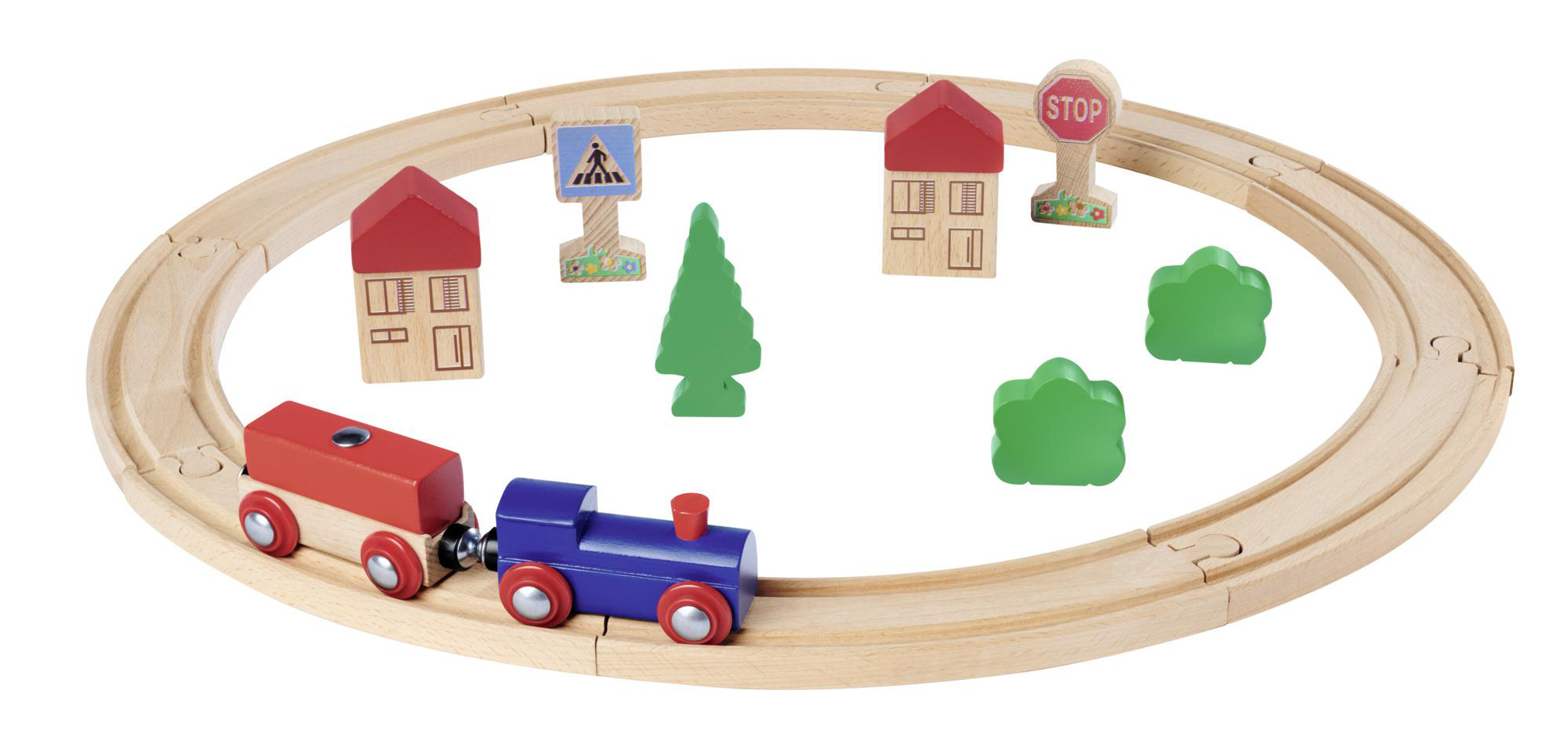 Ein hölzernes Spielzeug-Eisenbahnset mit Zug, Häusern, Bäumen und Schildern im Kreis angeordnet.