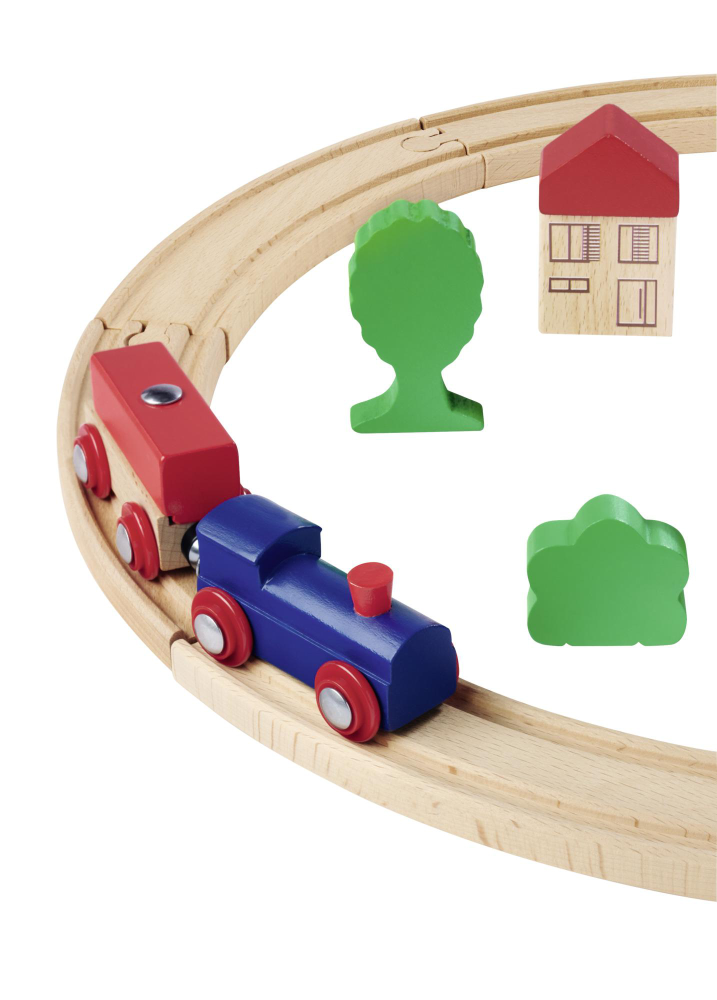 Holzspielzeugzug auf Schienen mit einem roten und einem blauen Zug.