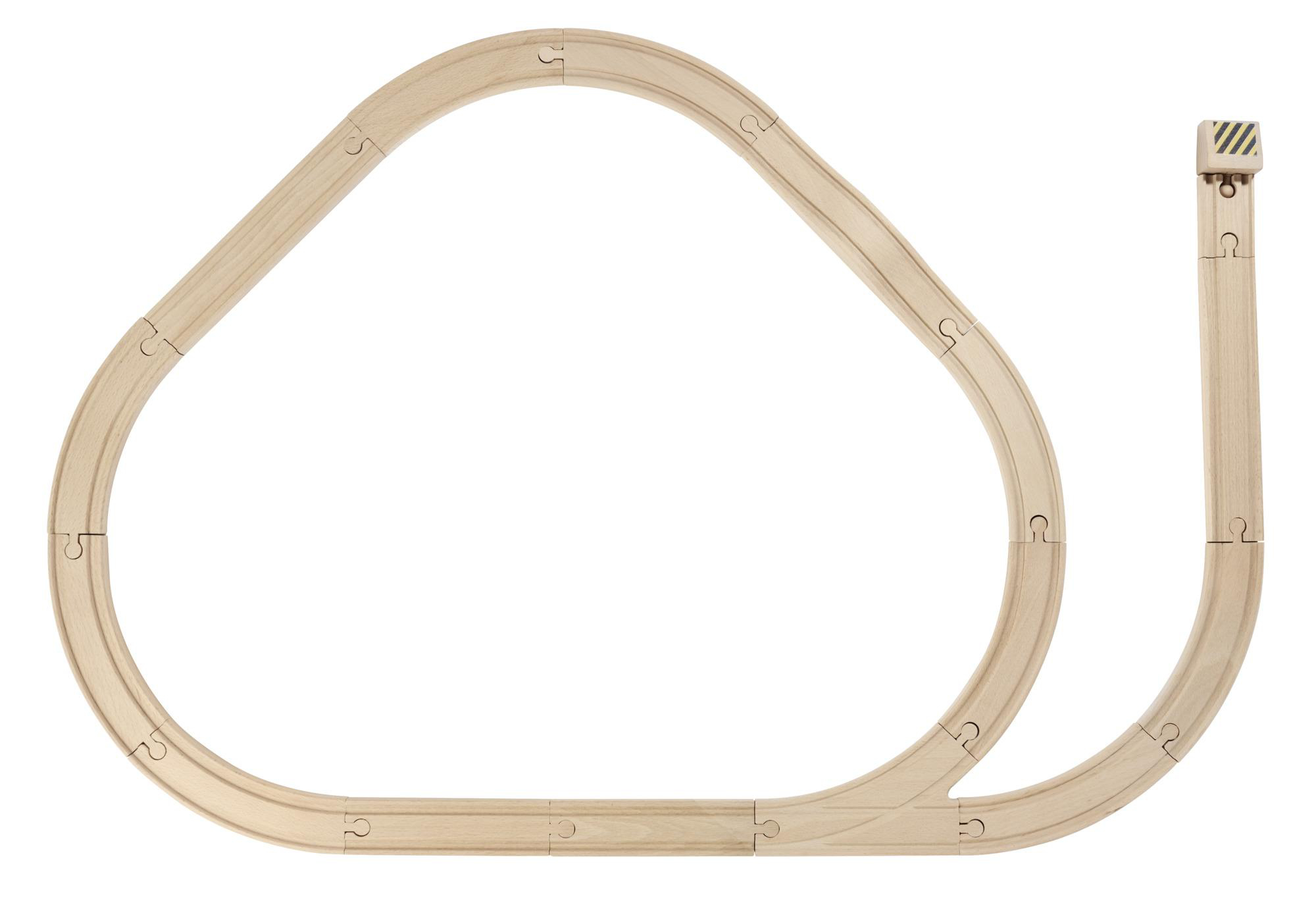 Spielzeug-Holzeisenbahnstrecke, oval und kurvig, mit geradem Abschnitt.