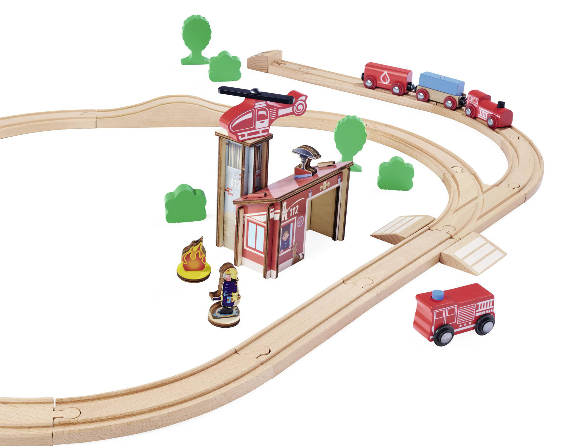 Holzspielzeug-Eisenbahn mit Feuerwache, Hubschrauber und Zug.