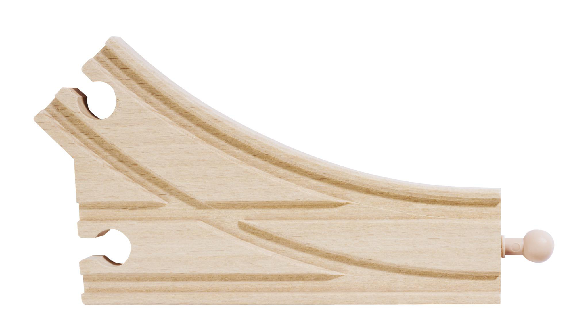 Holzspielzeug-Gleisstück mit gebogenem Design. Es hat zwei Löcher und Rillen.
