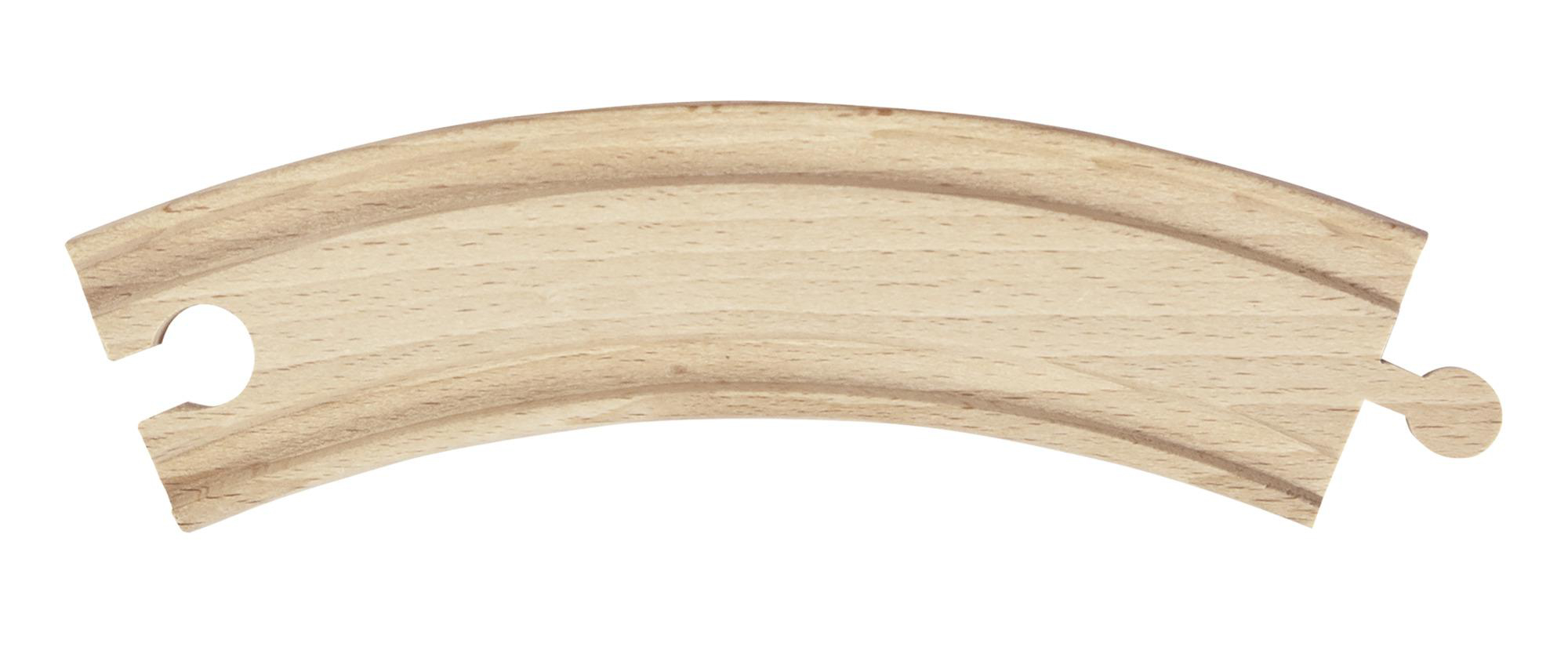 Gebogenes Holz-Eisenbahnstreckenstück auf weißem Hintergrund.