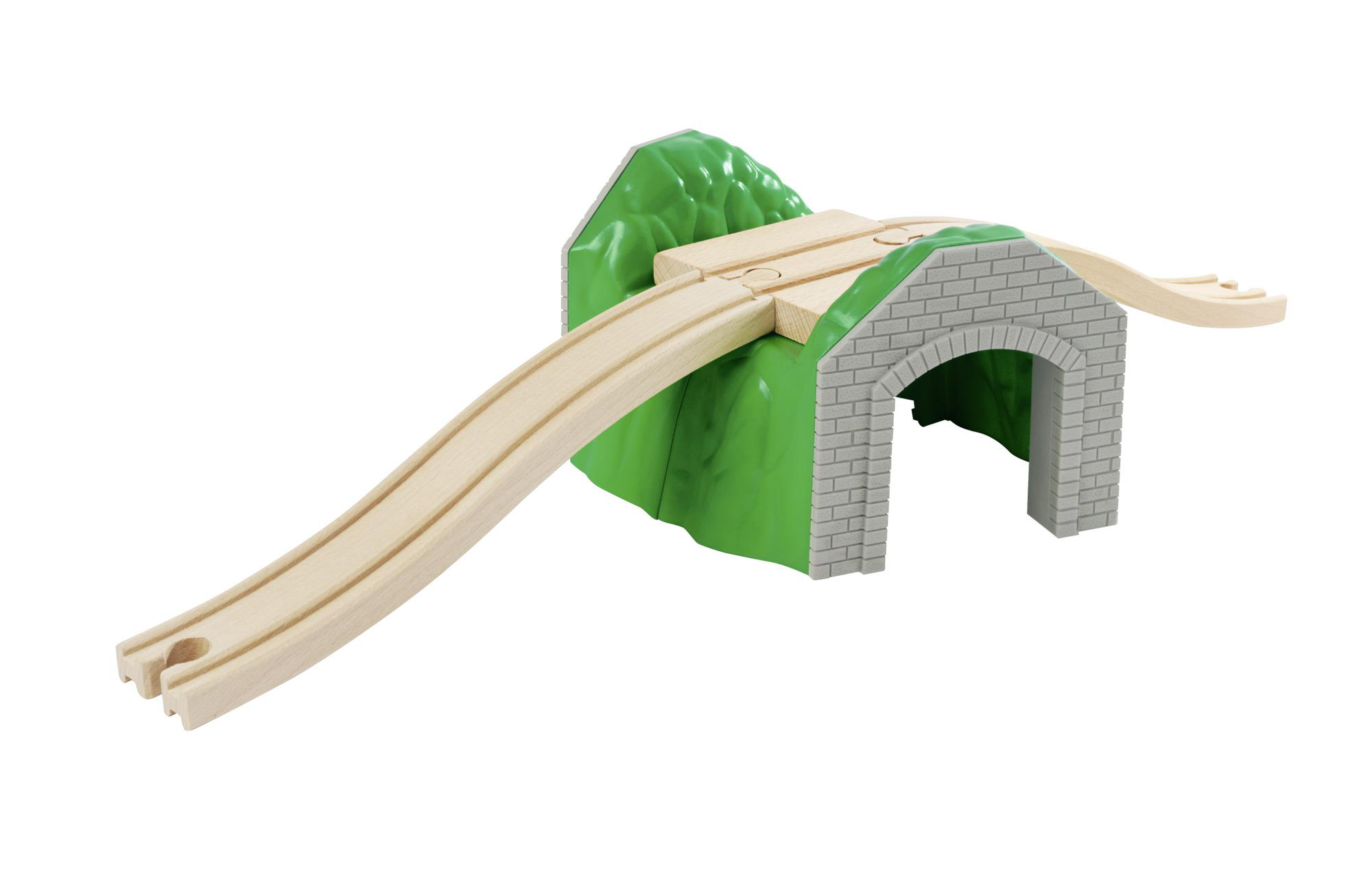 Hölzerne Spielzeugeisenbahnstrecke mit Tunnel und Brücke, vor weißem Hintergrund.