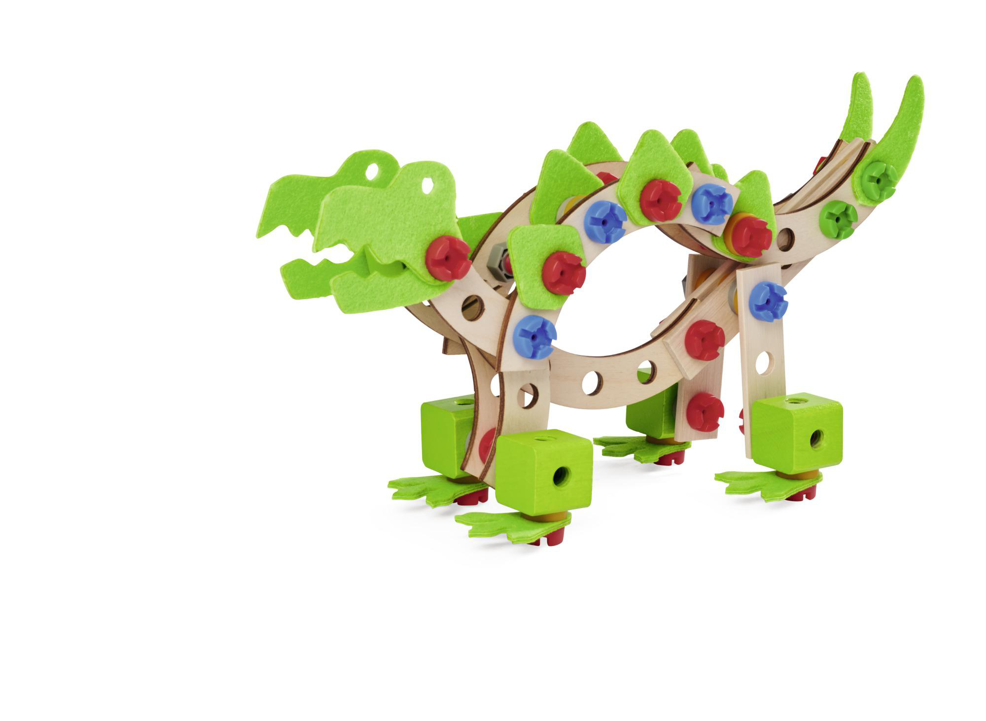 Hölzernes Dinosaurier-Spielzeug mit grünem Filz und bunten Verbindern.