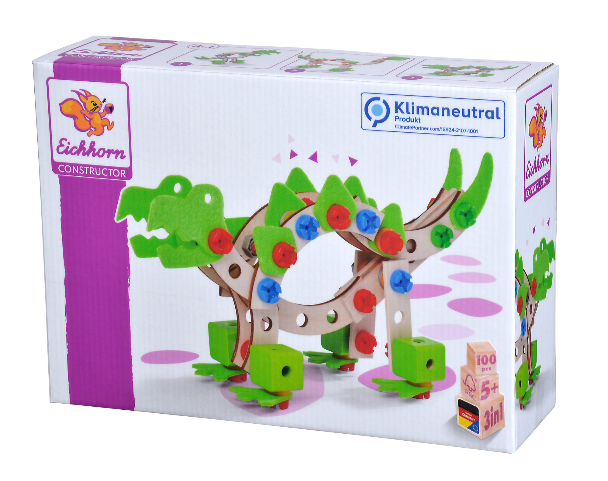 Eichhorn Konstruktor-Spielzeugkiste mit einem grünen Dinosaurier-Modell aus Holz, Filz und Kunststoff.