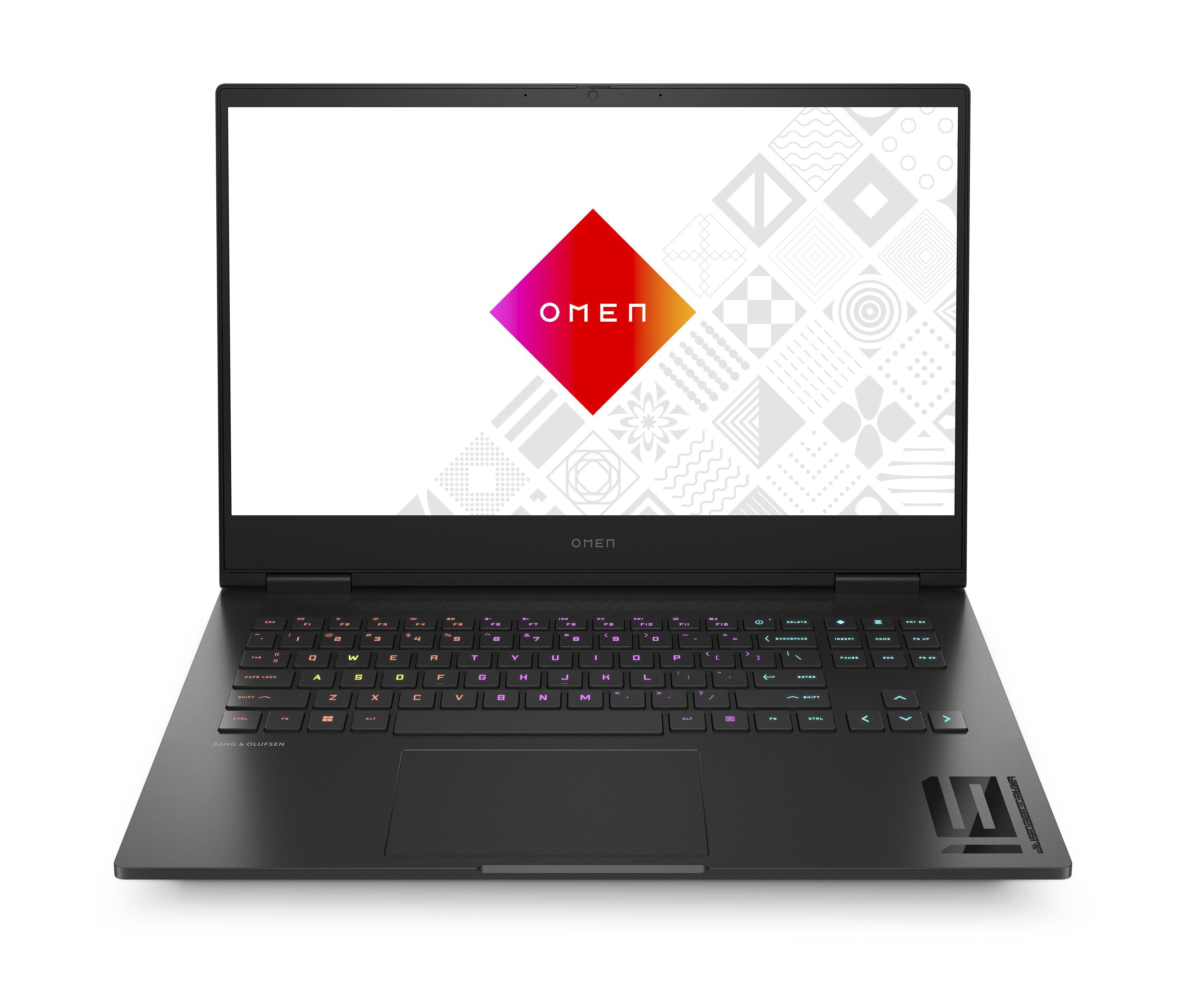 Schwarzer Laptop mit dem Wort 'OMEN' auf dem Bildschirm. Verfügt über eine Tastatur und ein Touchpad.
