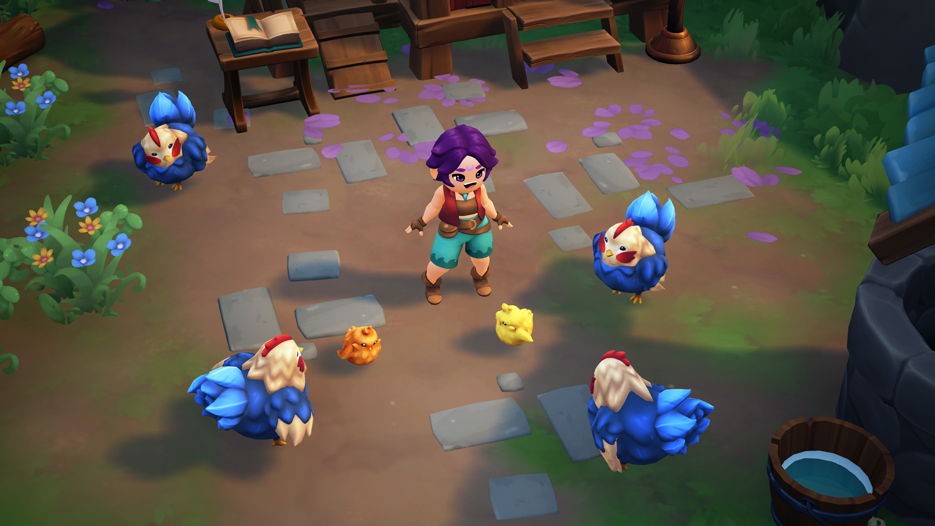 Scena a cartoni animati. Un personaggio circondato da galline e pulcini in un ambiente agricolo.
