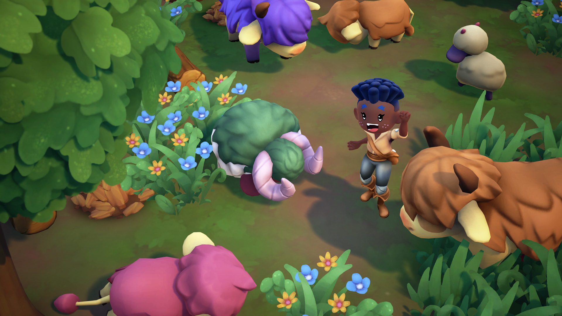 Scena animata di un ragazzo e pecore in un campo colorato. Alberi verdi e fiori blu.