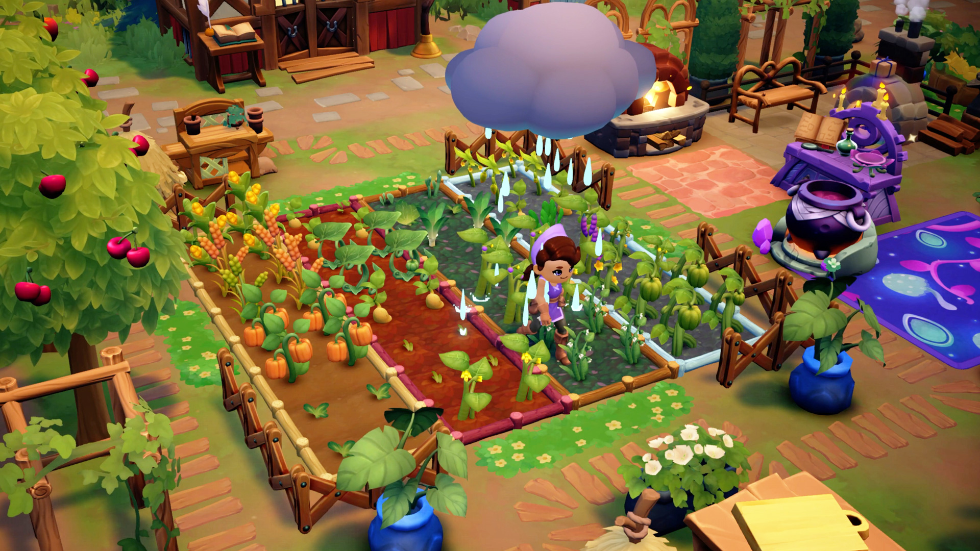 Scena del giardino dei cartoni animati: donna che cura le piante, verdure negli aiuole, albero con ciliegie, sfondo con casa e nuvola.