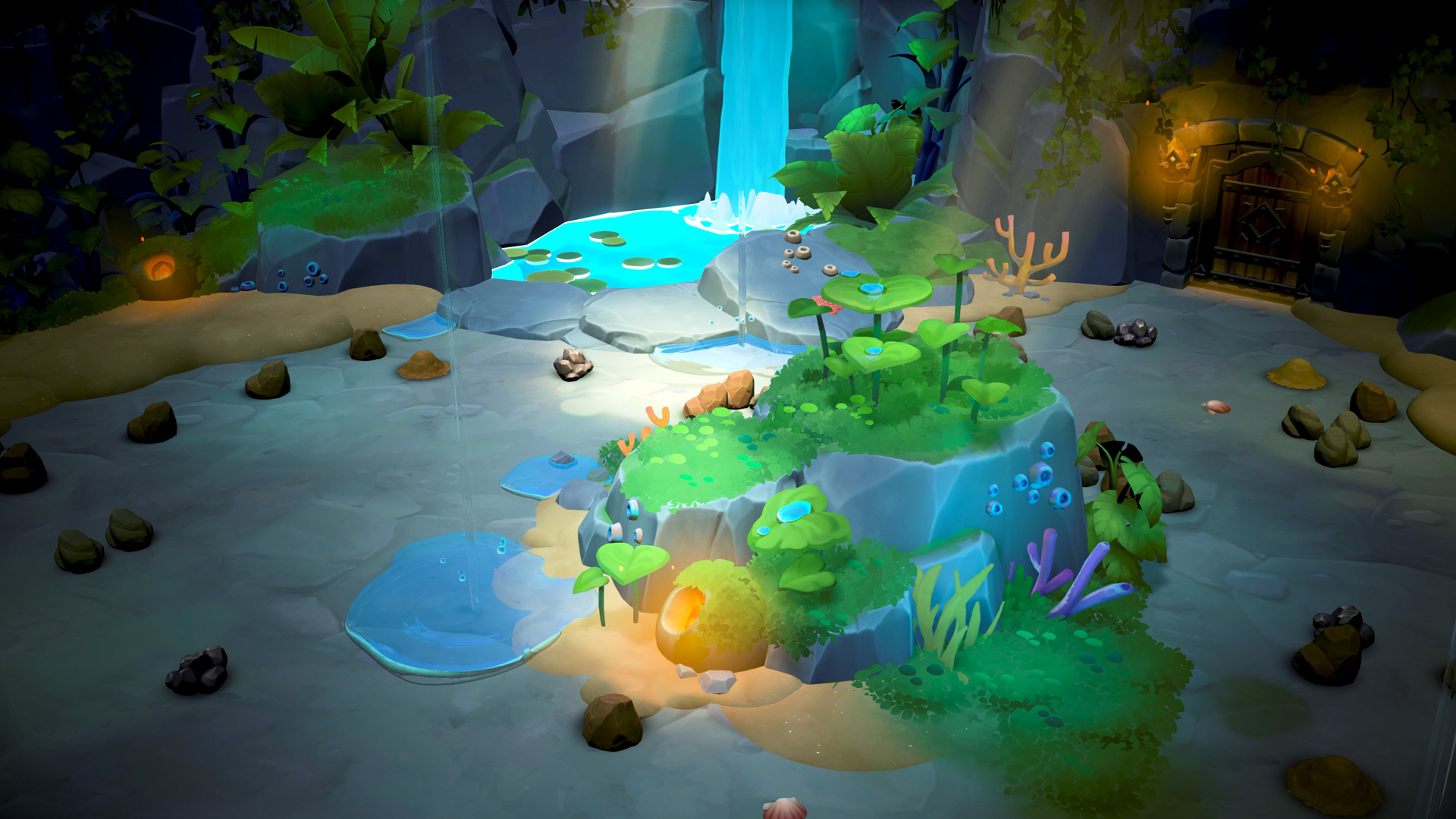 Scena subacquea a cartoni animati con cascata, rocce e piante. Una porta e una grotta sono visibili.