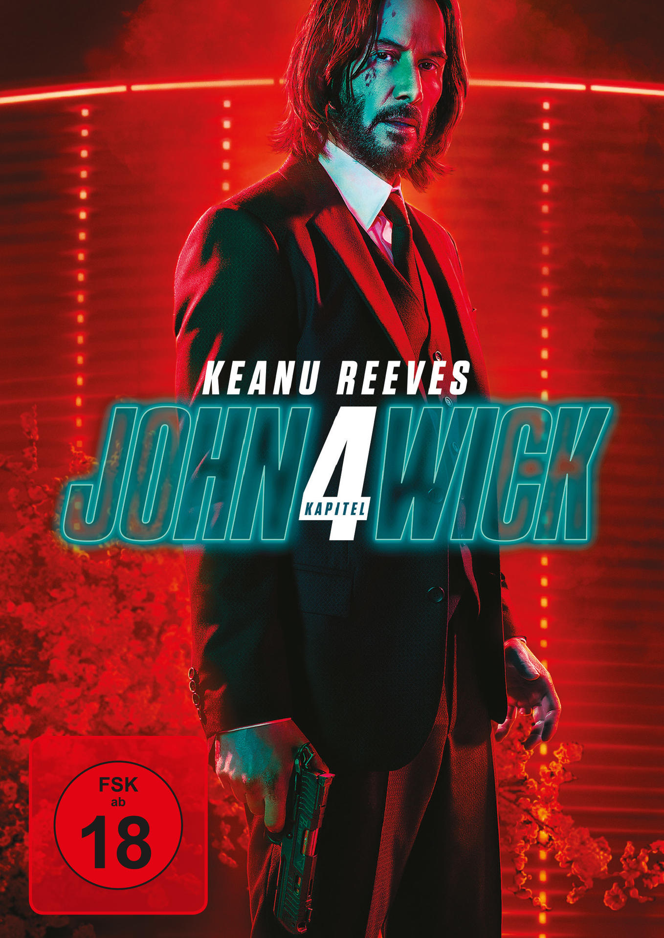 Keanu Reeves im Anzug mit Pistole, John Wick Filmplakat.