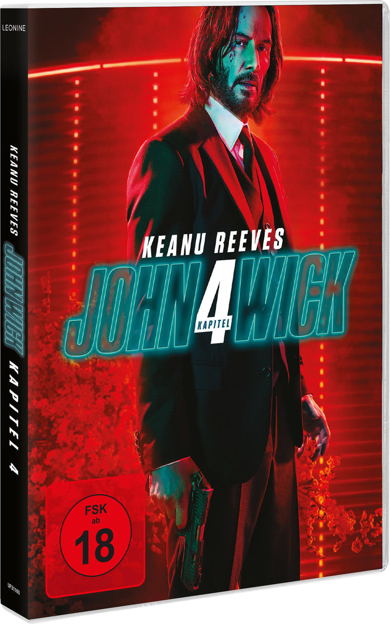 John Wick 4 DVD-Hülle. Keanu Reeves ist auf dem Cover. Die Bewertung ist FSK 18.