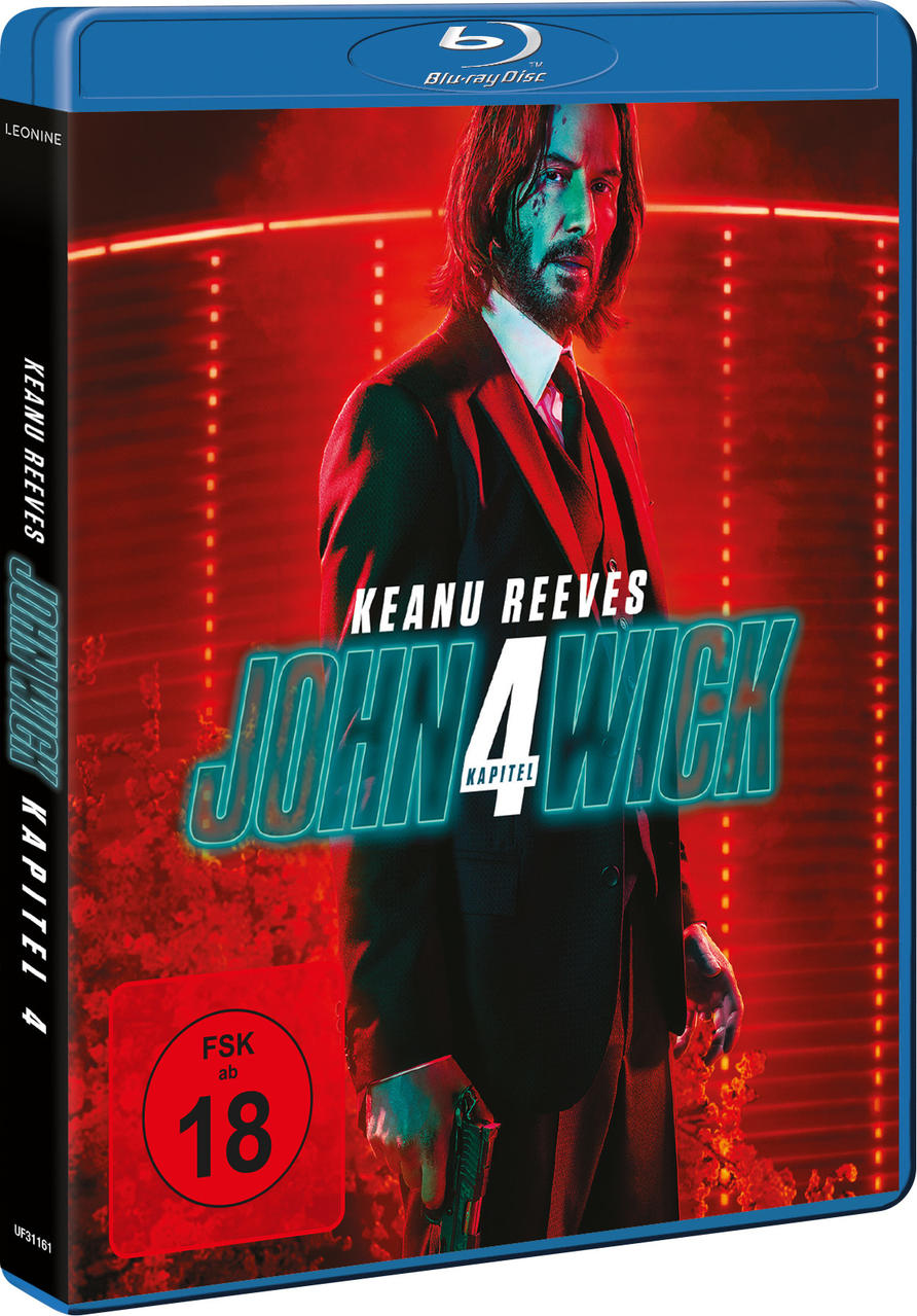 Blu-ray-Cover mit Keanu Reeves als John Wick, mit rotem und blauem Text und einer Bewertung von 18.