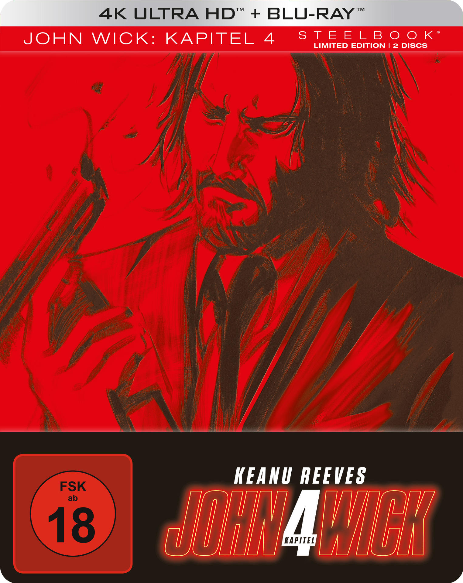 DVD-Cover von John Wick: Kapitel 4, Keanu Reeves vor rotem Hintergrund.