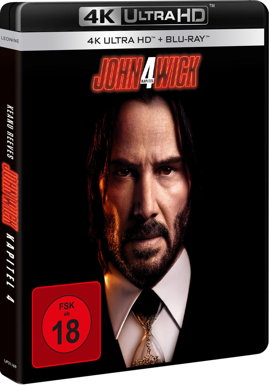 DVD-Hülle von 'John Wick: Kapitel 4' mit Keanu Reeves, dunkler Hintergrund.