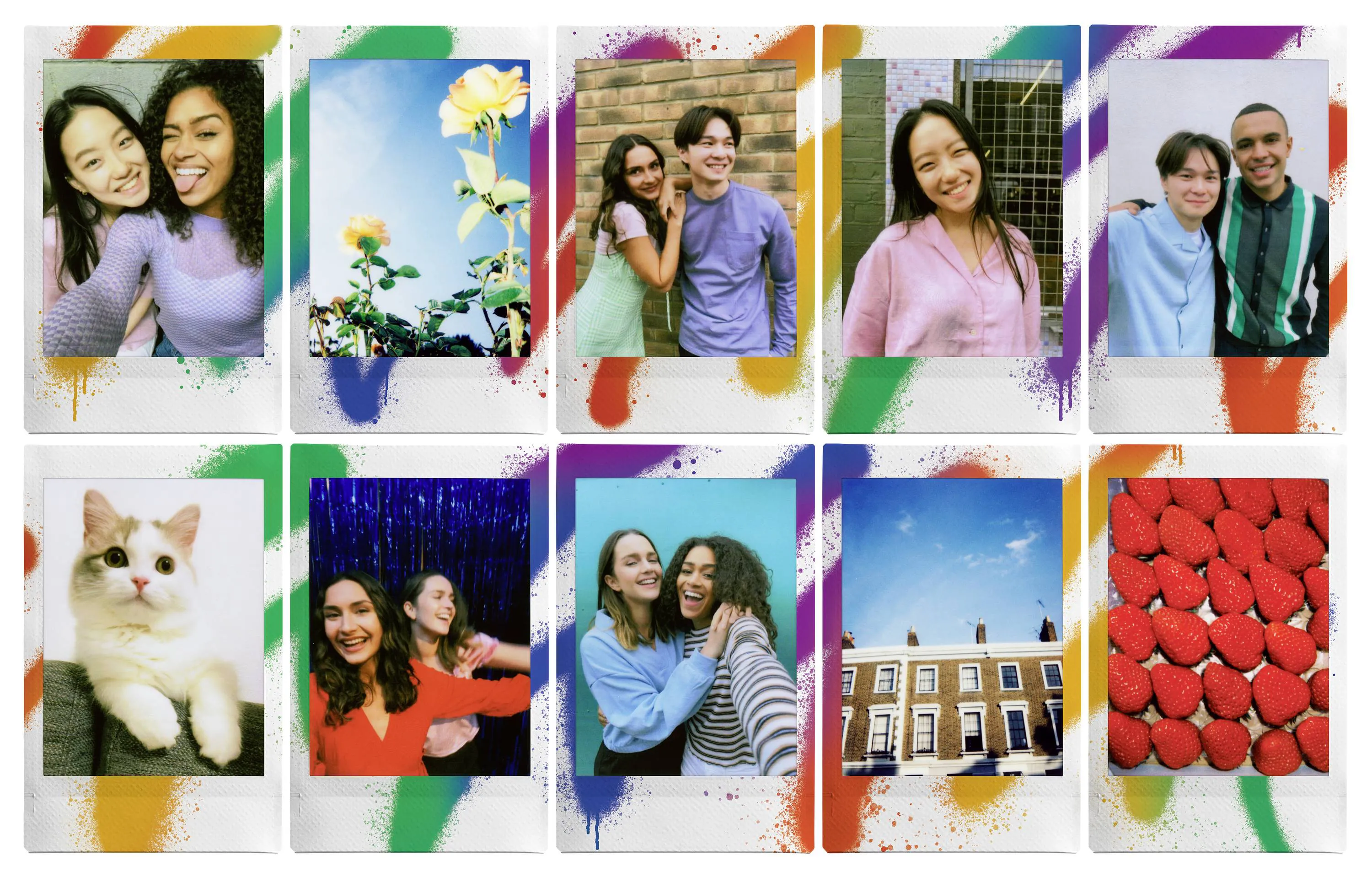 Zehn Polaroid-Fotos mit verschiedenen bunten Bildern und Farbspritzern darum herum.