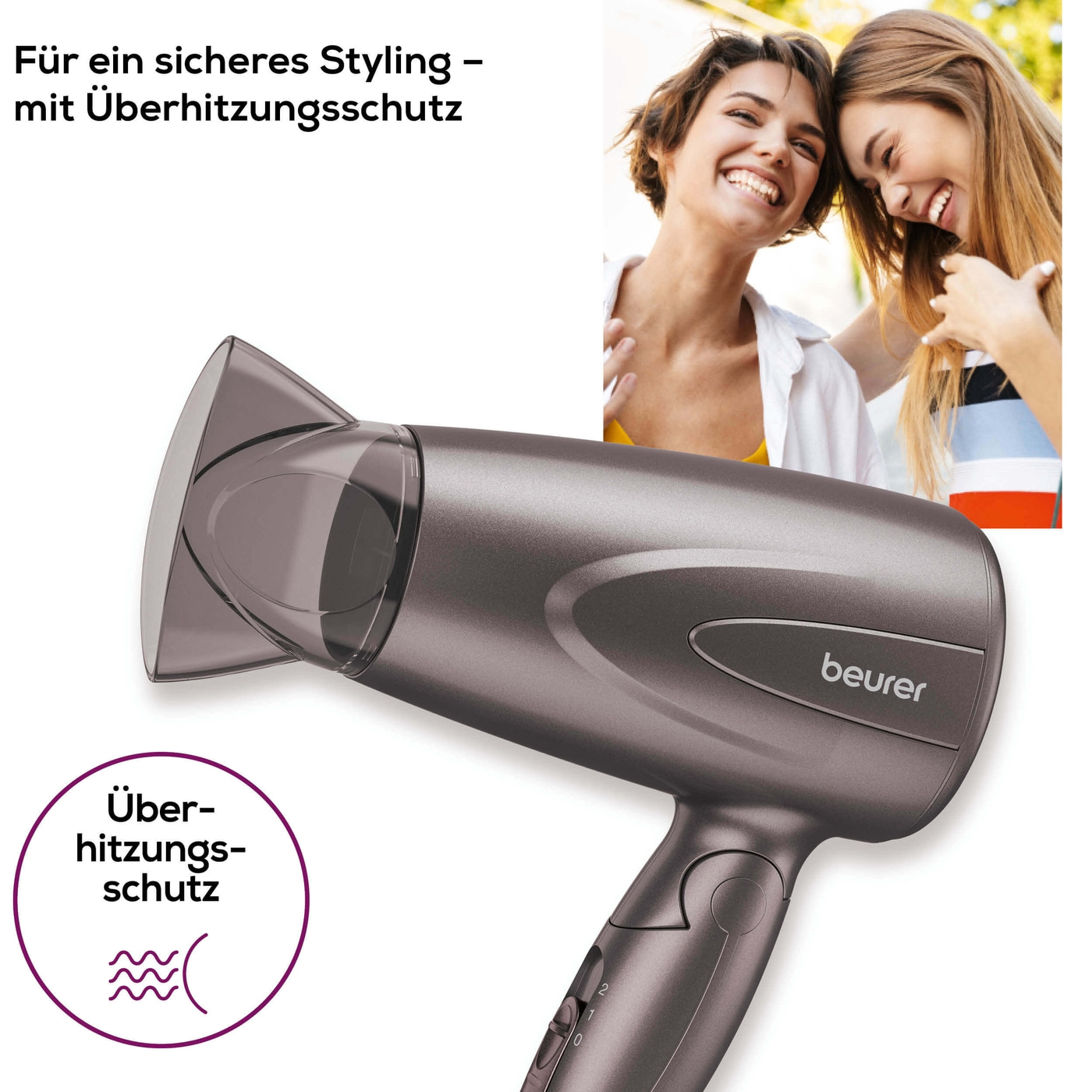 Ein Föhn mit einem Schutz, mit zwei lächelnden Frauen.