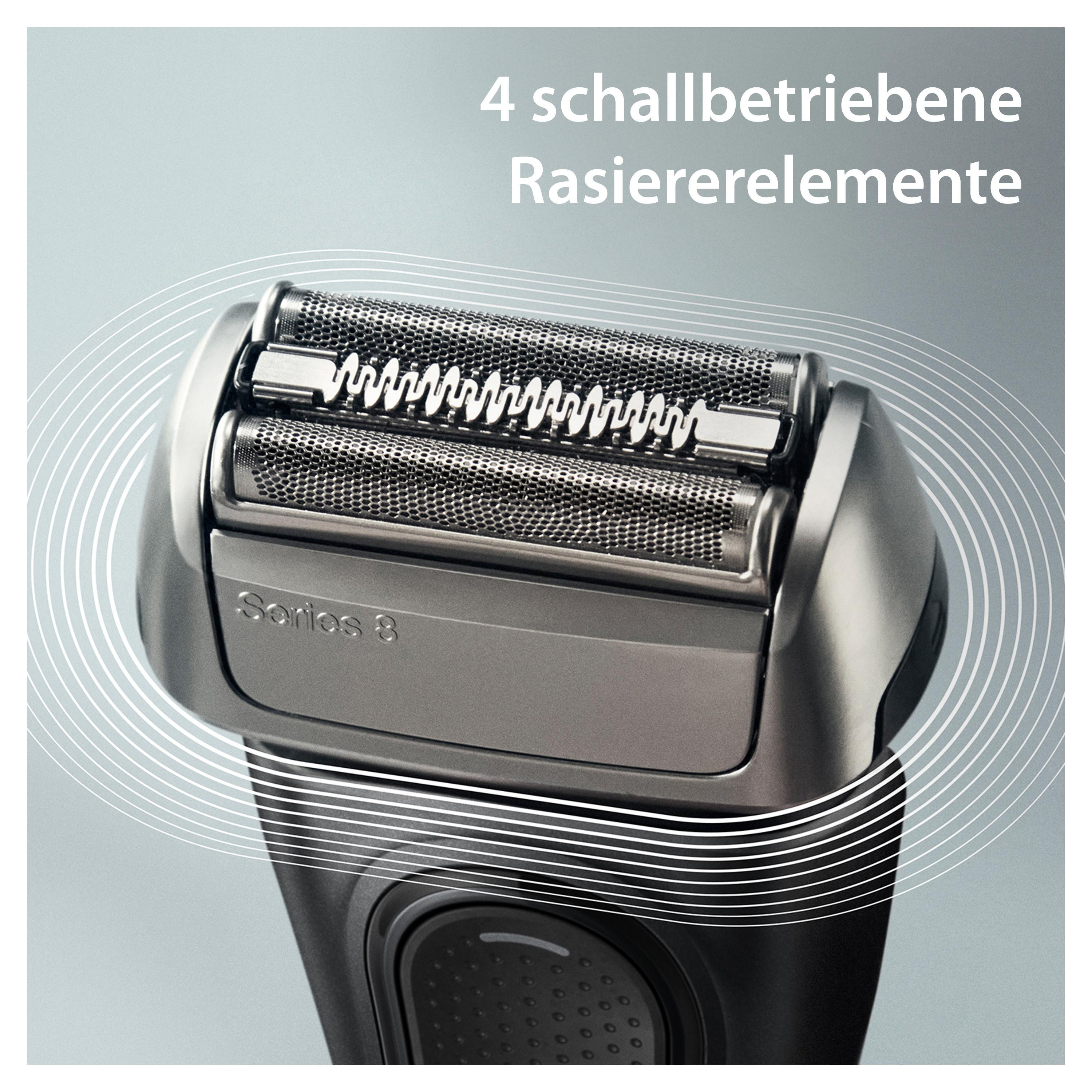 Nahaufnahme eines silbernen Elektrorasierers mit 4 Folienrasierköpfen.