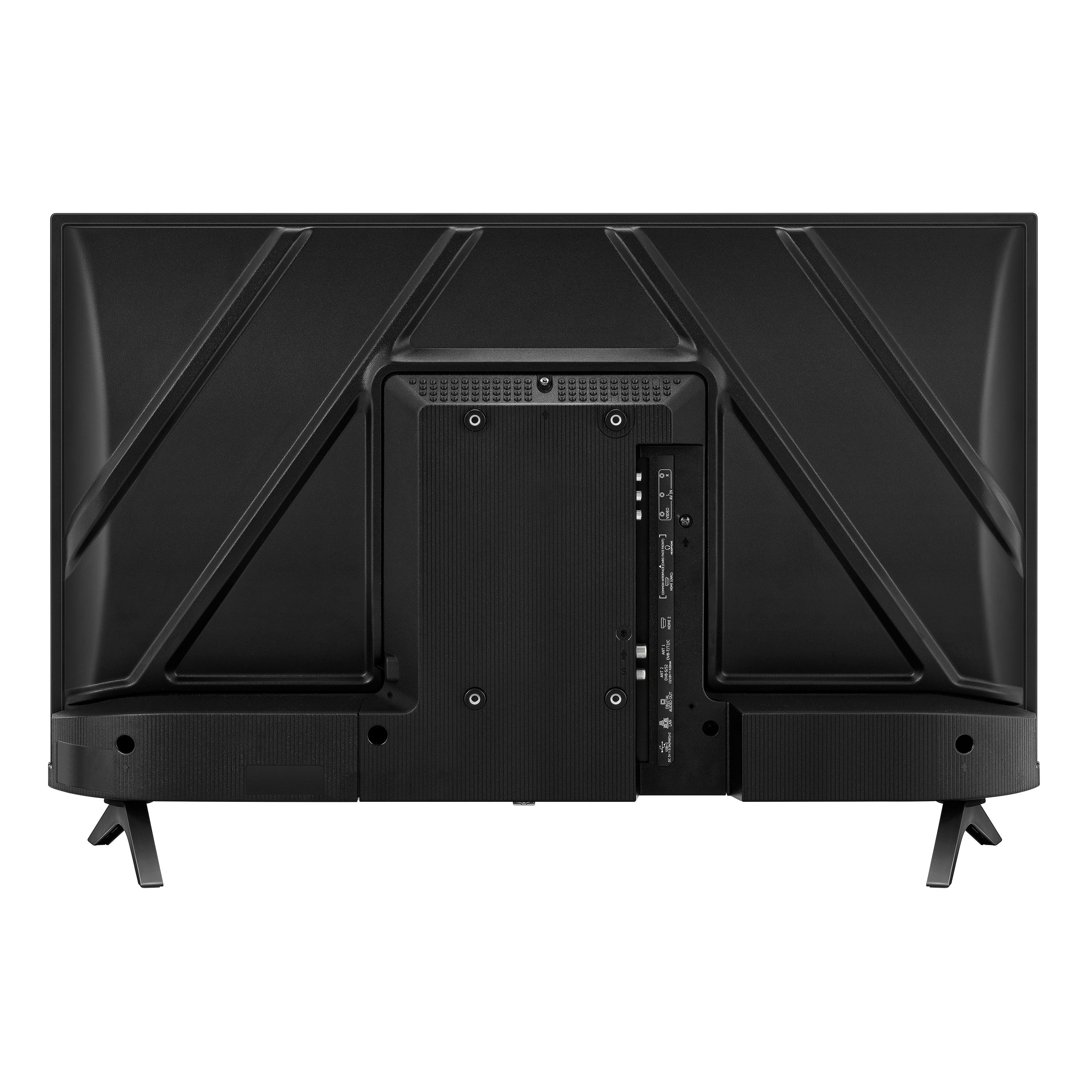 Die Rückseite eines schwarzen Fernsehers mit sichtbaren Anschlüssen.