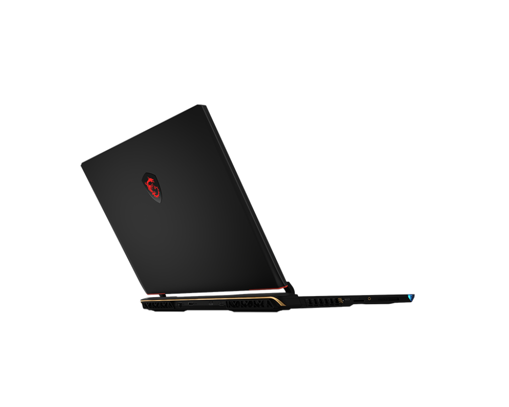 Una computadora portátil negra en ángulo abierto contra un fondo blanco, mostrando la parte superior y lateral.