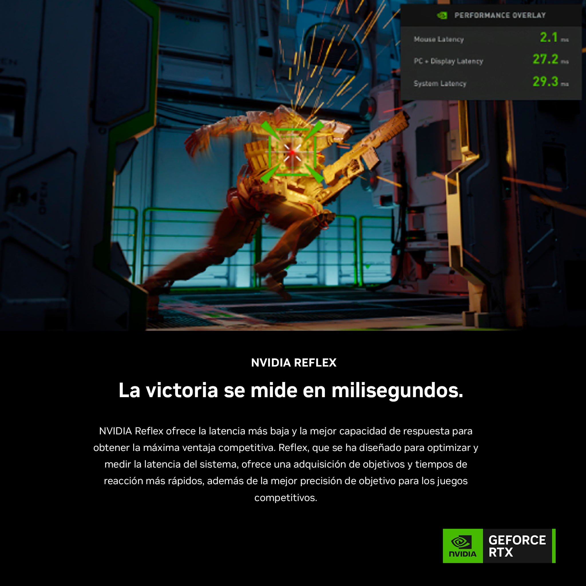 Escena de videojuego con persona disparando. Superposiciones de texto muestran datos de rendimiento. Logos NVIDIA.