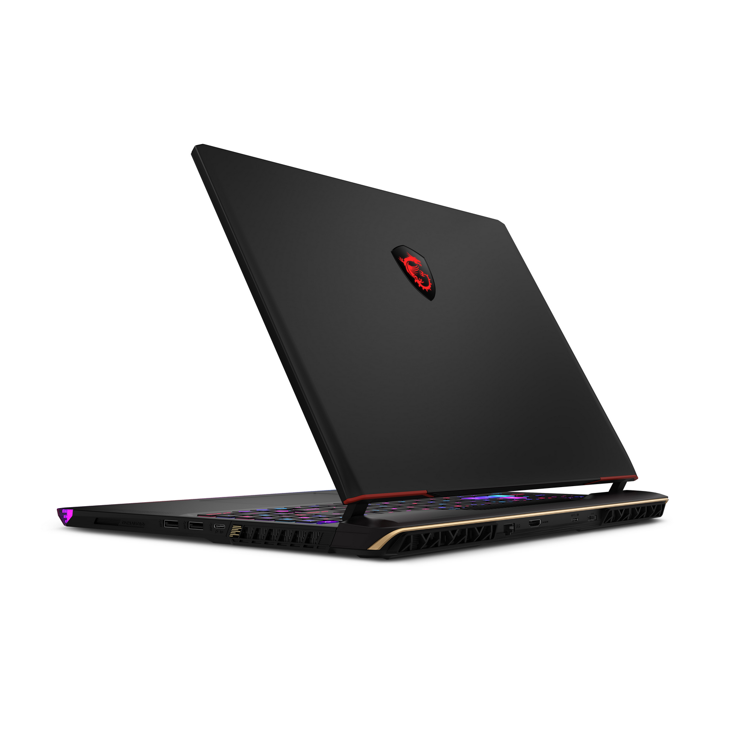 Laptop negro, ligeramente abierto, mostrando teclado y parte trasera con logo rojo iluminado sobre fondo blanco.