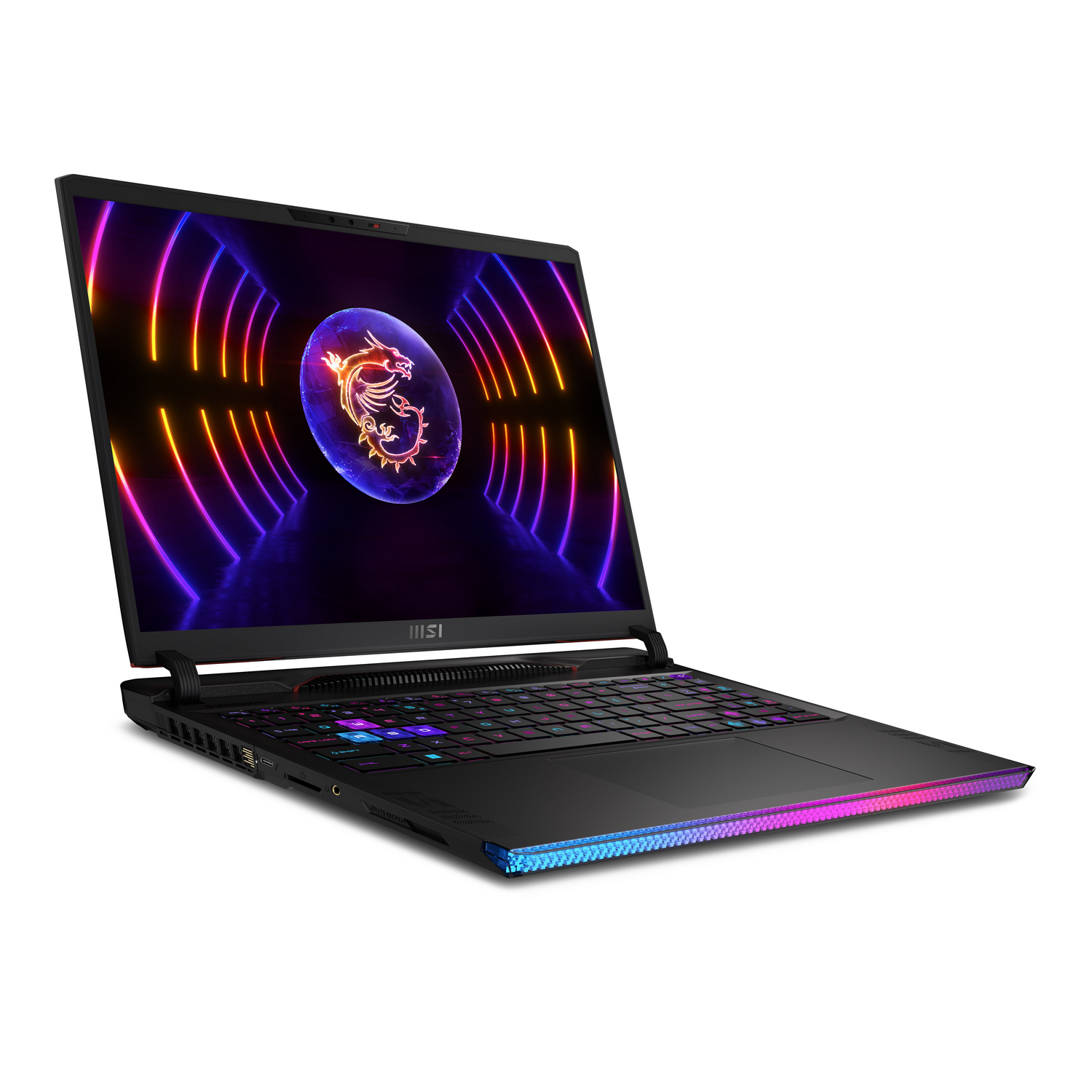 Un portátil MSI negro con teclado colorido y pantalla que muestra un logotipo de dragón.