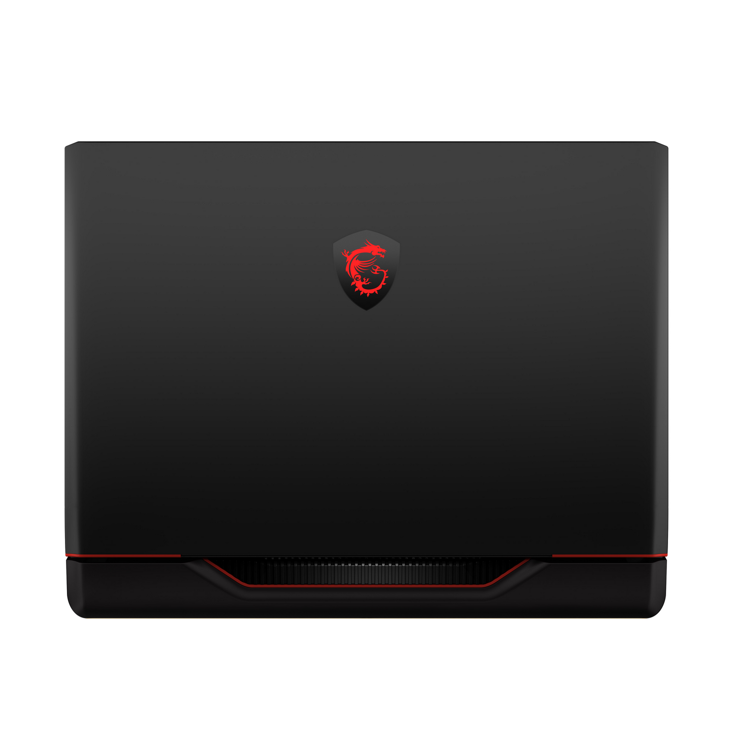 La parte trasera de un portátil MSI negro con logotipo y detalles en rojo.