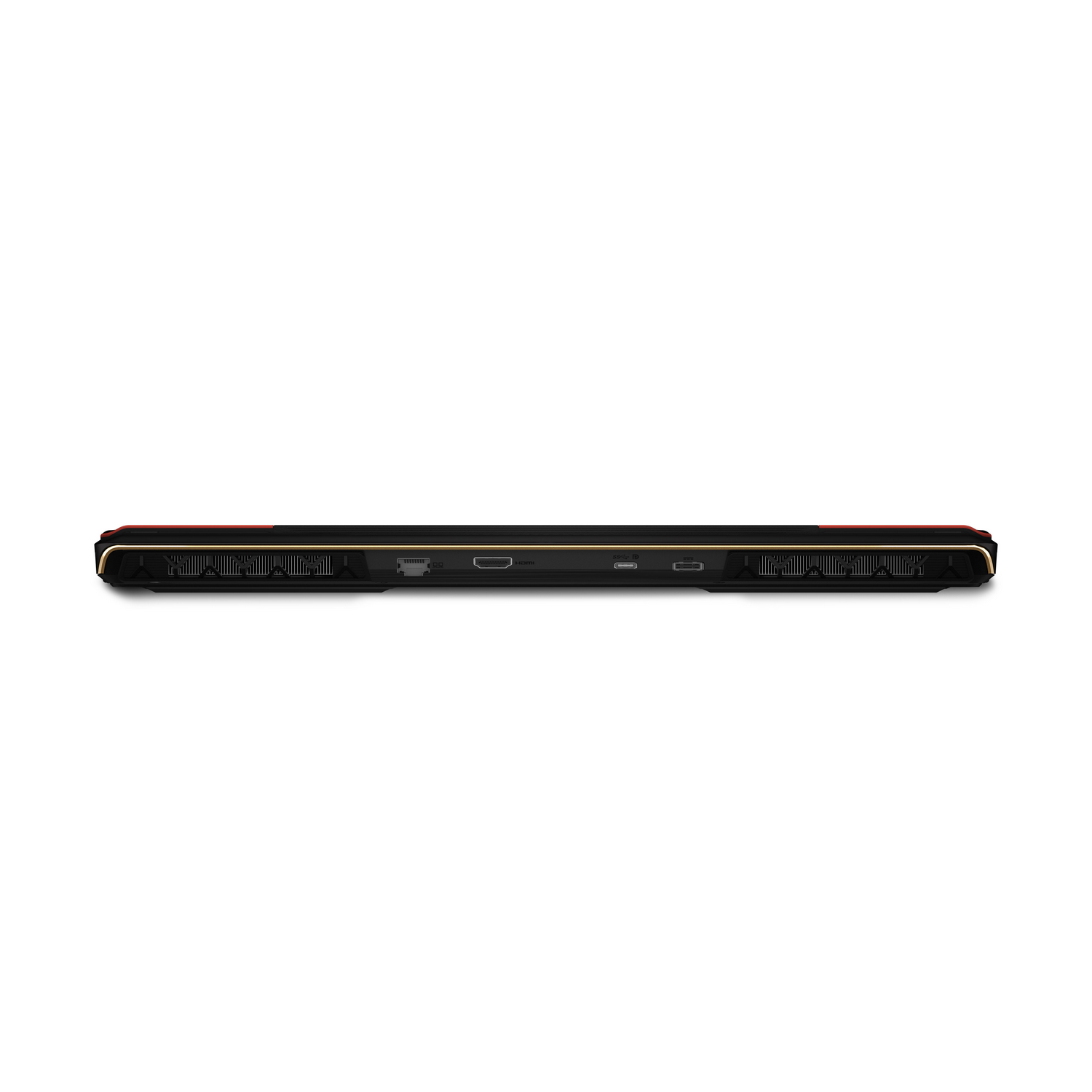 Vista lateral de un portátil gaming negro con detalles rojos, puertos visibles.