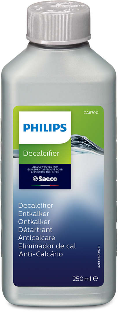 Flacone di decalcificante Philips, grigio con etichetta blu e verde, 250 ml. Testo in più lingue.