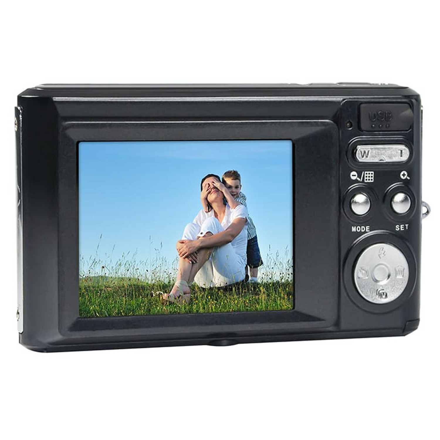 A black digital camera shows a photo of a woman and child. The camera has buttons and a screen.